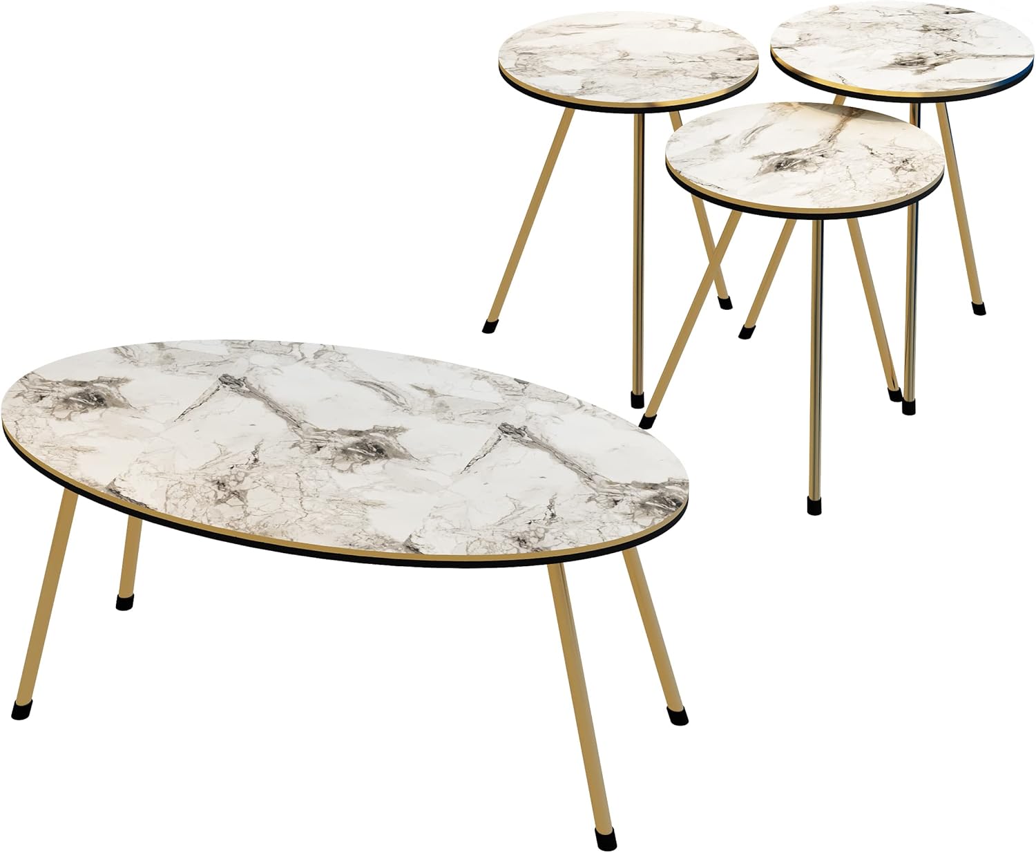 4 Piece Living Room Table Set, SUNRISE HOME DECOR - 1 Coffee Table and 3 Nesting Tables, NO-Tools Assembly (Ellipse Coffee Table/Round Nesting Tables) (White Marble/Gold) : Home & Kitchen