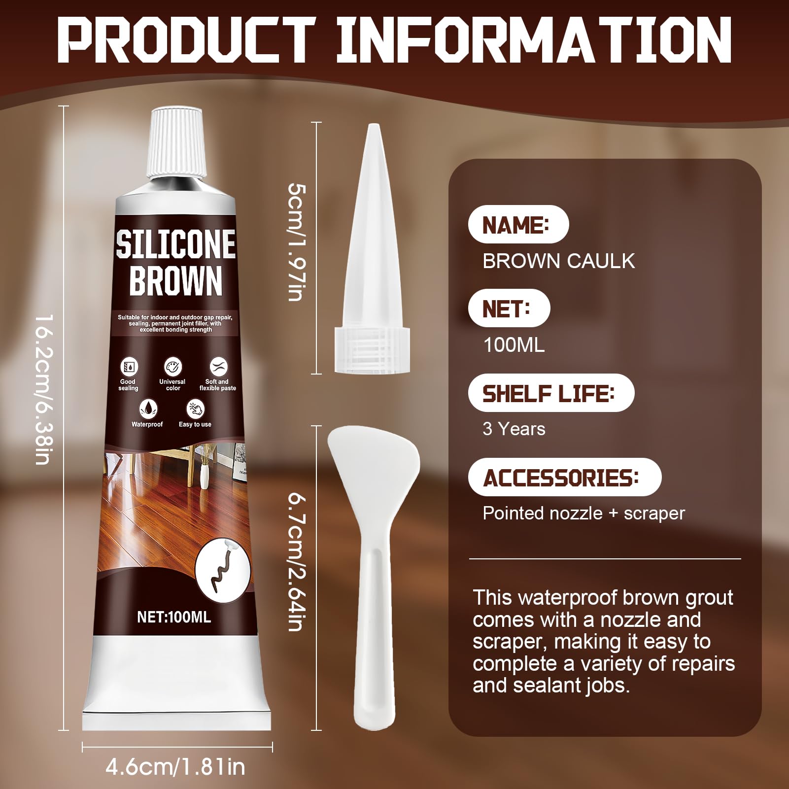 Silicone Marrone per Legno, Silicone Esterno per Infiltrazioni, silicone Marrone, Alte Temperature Impermeabile e Resistente Ai Raggi Uv per Giunti e Crepe, Davanzali, Porte, 100ml