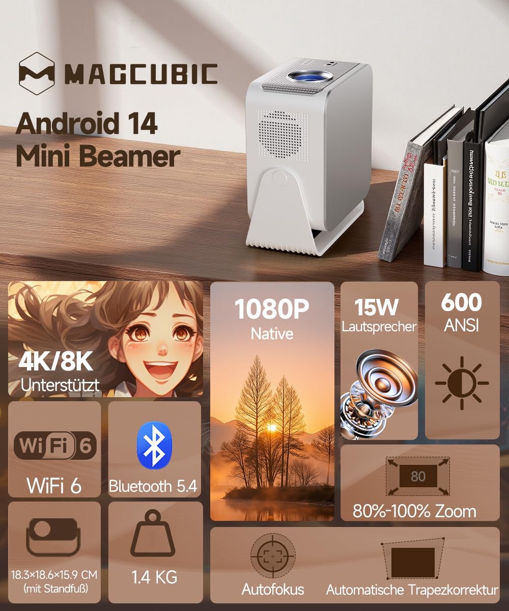 Magcubic Mini Beamer 4K Unterstützt – Android 14 Smart Projektor HY350MAX | 600ANSI, Auto-Fokus & Keystone Korrektur, Native 1080P, WiFi 6, Bluetooth 5.4, 15W Lautsprecher, Beamer für Heimkino Outdoor