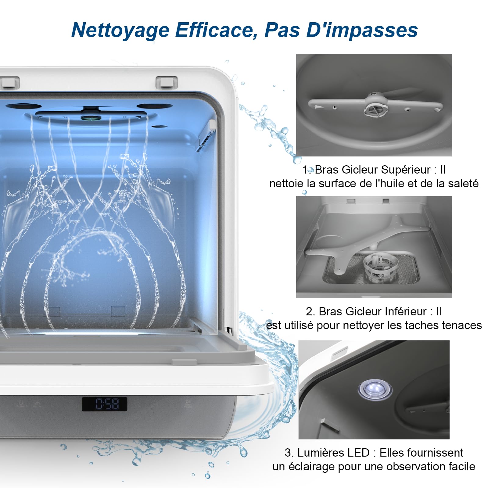 YU YUSING Mini Lave-vaisselle Compact 7 Programmes 37cm, Portable 3 Couverts, Réservoir 4.8L, Écran LED