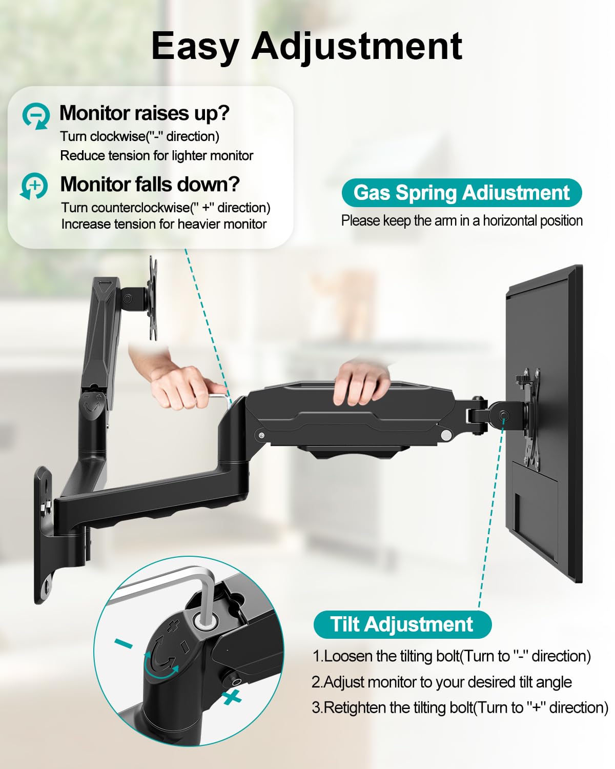 MOUNT PRO Staffa di montaggio a parete per doppio monitor, regolabile in altezza, articolata, con molla a gas, per schermi LCD da 13 a 32 pollici, supporta fino a 8 kg, VESA 75 x 75, 100 x 100
