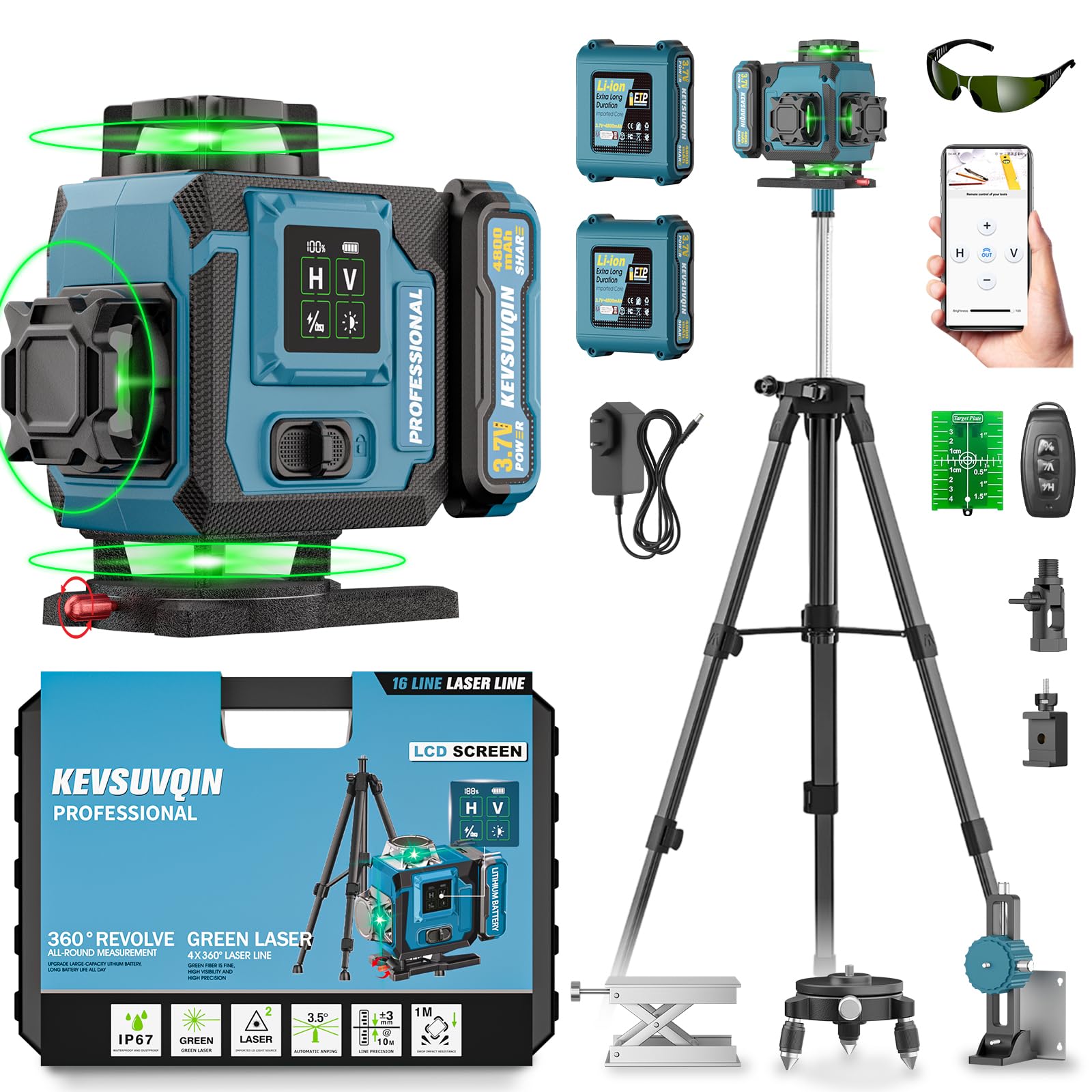 Nivel Laser con Tripode,Nivel Laser Autonivelante 360 Grados con 2x4800mAh Batería/Pantalla LED Grande,Nivelador Laser 4x360 °, 4D 16 Líneas Laser Verde/APP/Control Remoto para Construcción