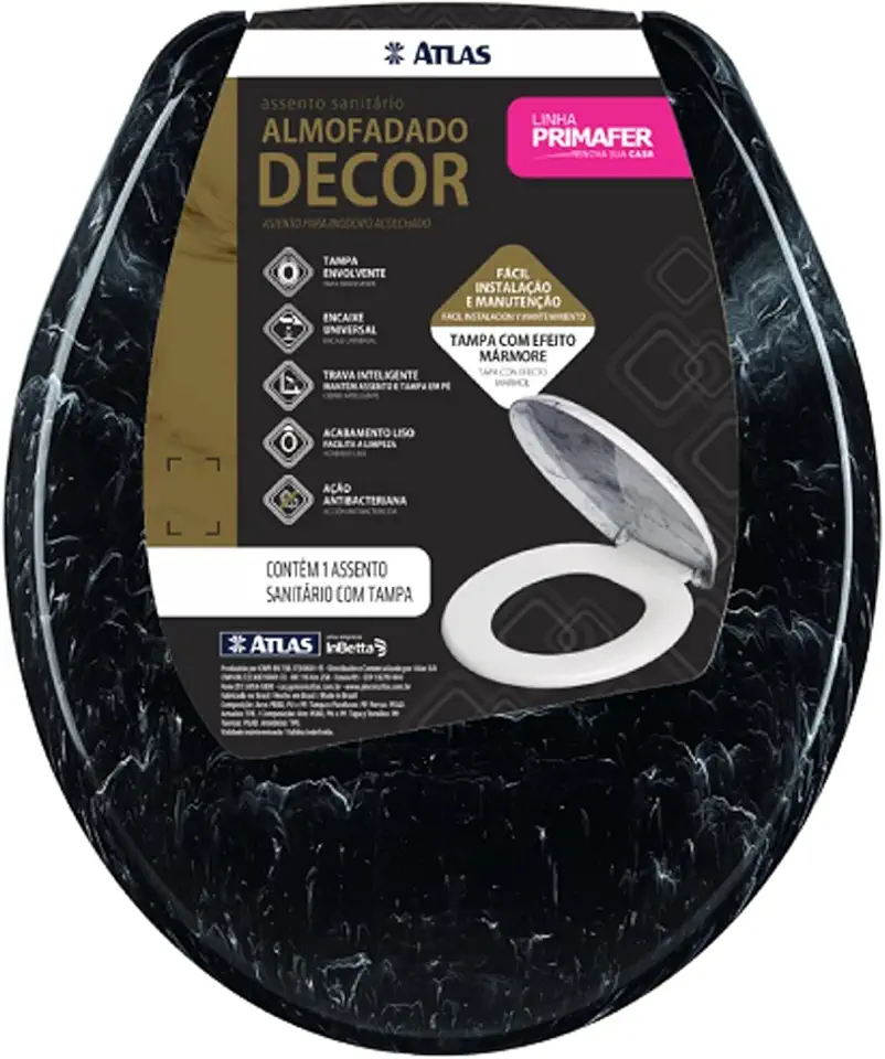 Atlas - Assento Sanitário Almofadado com Espuma Ultramacio e Tampa com Efeito Mármore, Cor Preta