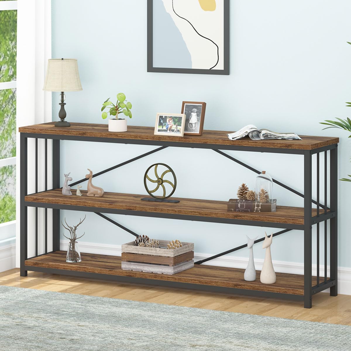 LVB Rustic 3 Tier Entryway Table, Industrial Long Wood Sofa Table Behind Couch,Farmhouse Narrow Console Table with Storage Shelf, Modern Hallway Entry Table for Foyer Living Room, Rustic Brown, 63