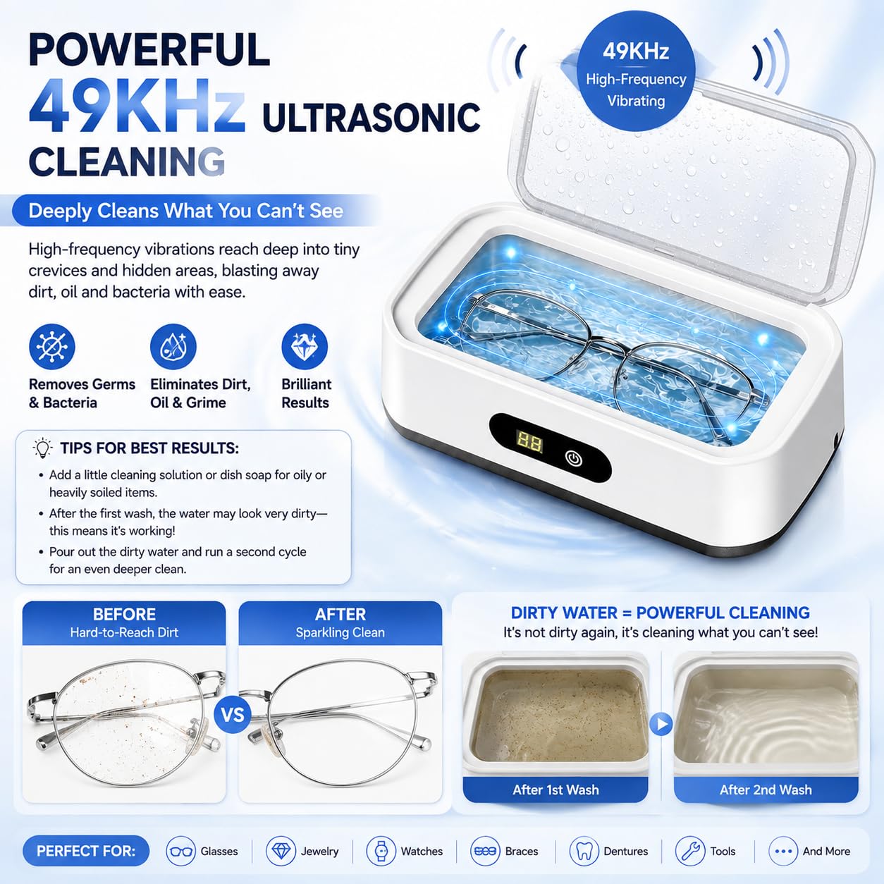 Nettoyeur Ultrasons Lunettes 650ML, Bac Ultrasons 49KHz Inox 304 | Design compact idéal à la maison ou au bureau pour garder vos lunettes et objets précieux propres.