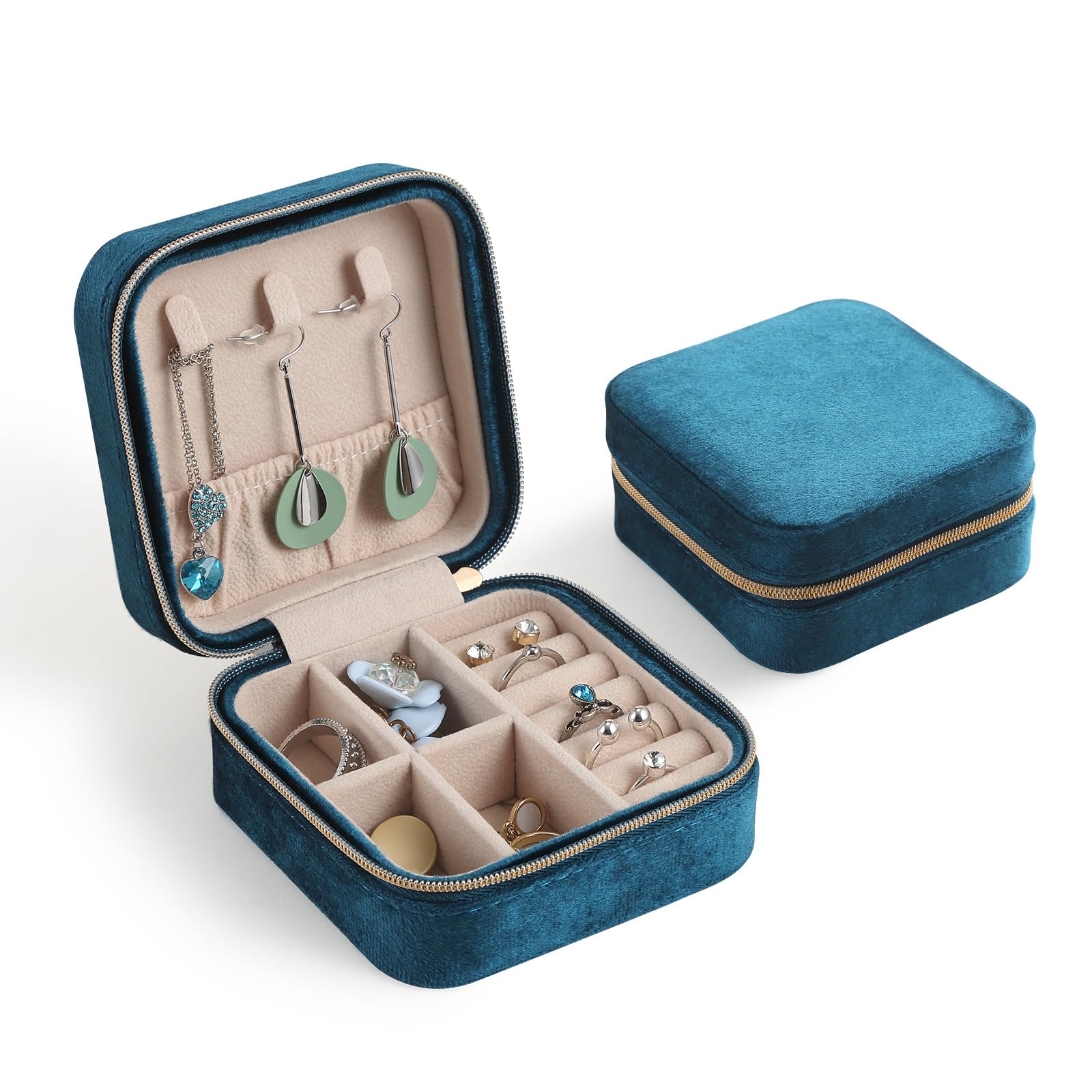 CASEGRACE Reise-Schmuckkästchen, Plüsch-Samt-Schmuckbox, kleines Schmuck-Reise-Organizer-Display, Aufbewahrungsbox für Ringe, Halskette, Armband, Ohrringe für Frauen und Mädchen, blau