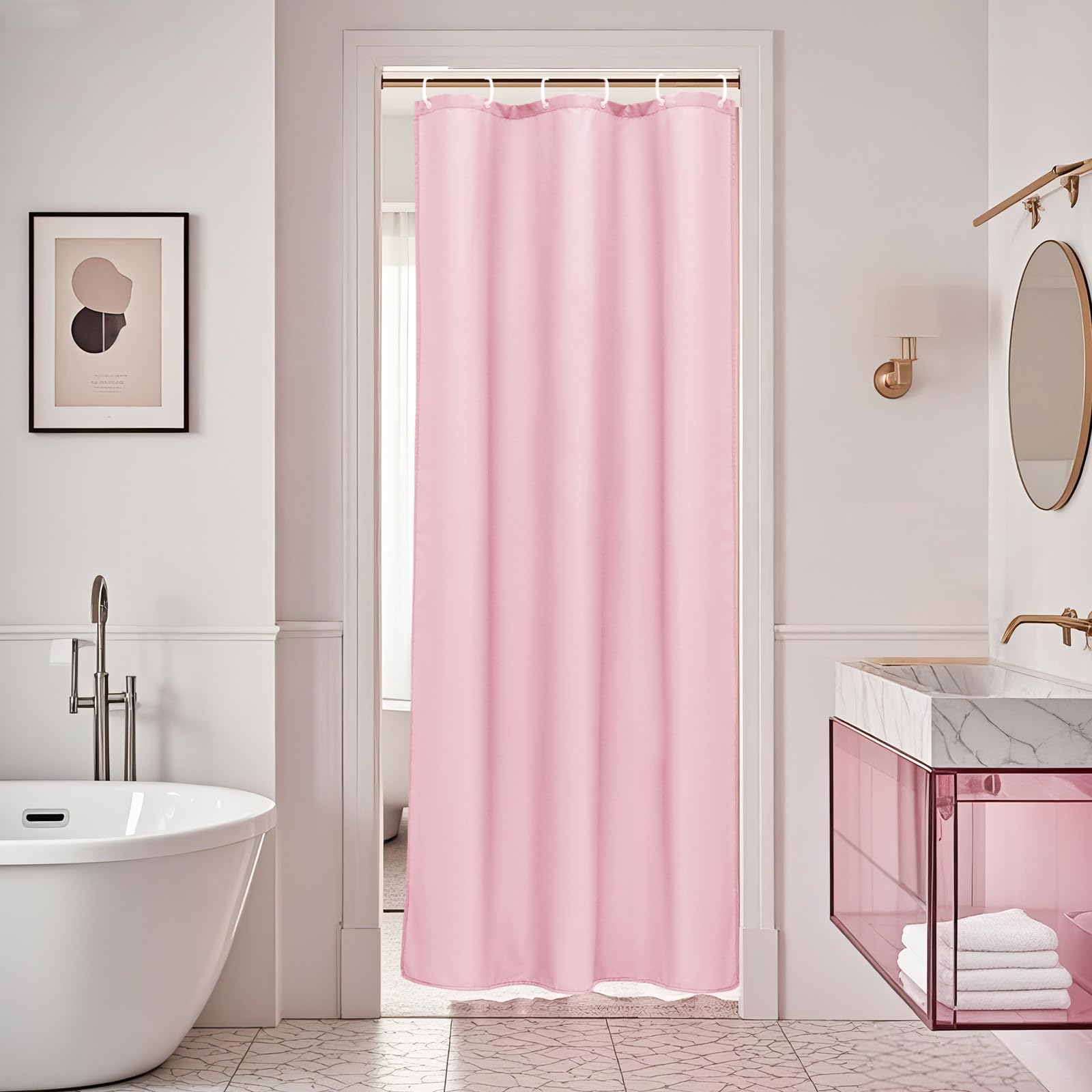 AooHome 36x72 inch Stall Shower Curtain Liner, Polyester Classic Solid Color Shower Curtain with Hooks, Weighted Hem, Waterproof, Pink