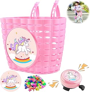 SOETDERT Cesta de bicicleta para niños, cesta delantera trenzada, cesta de bicicleta de unicornio con timbre de bicicleta, cesta extraíble para bicicleta, accesorios para bicicleta, decoración para
