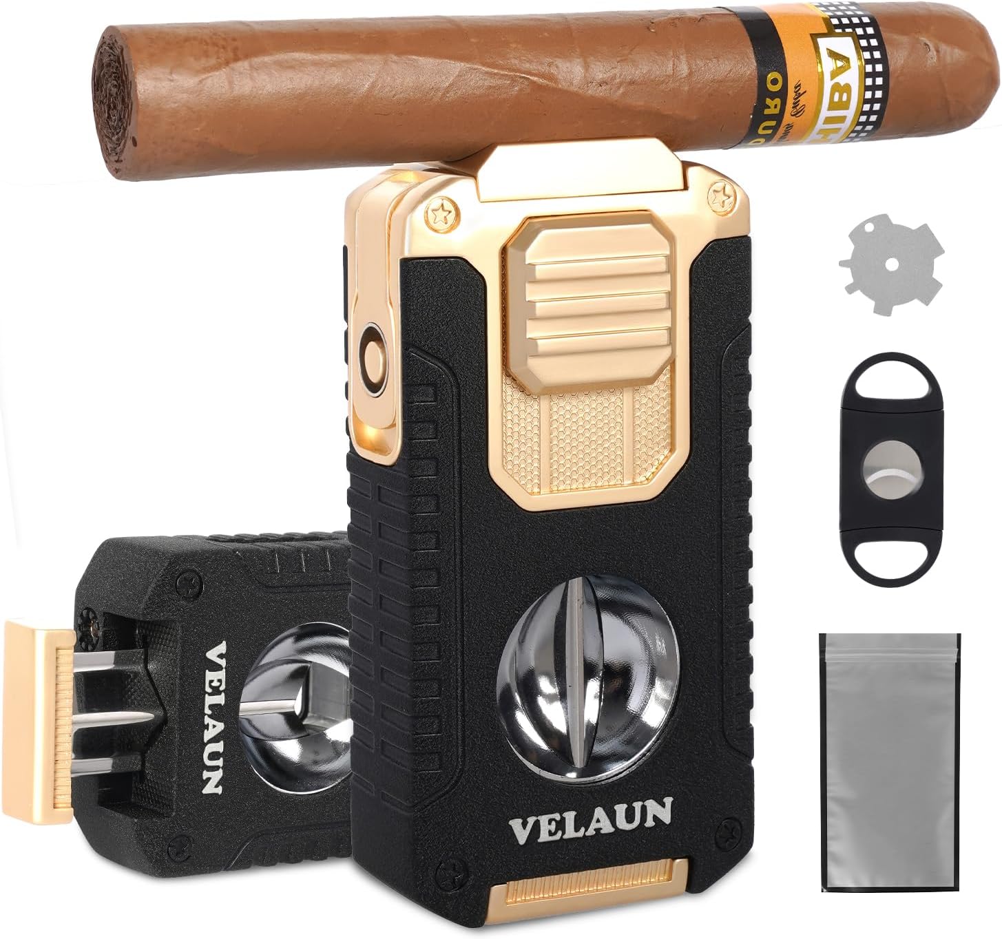 Torch Cigar Lighter, All in One Butane Lighter with Cigar Cutter, Punch & Holder, Cool Triple Jet Flame for Cigar, Candle and Kitchen Use, Refillable, Red Wood, No Butane Included
