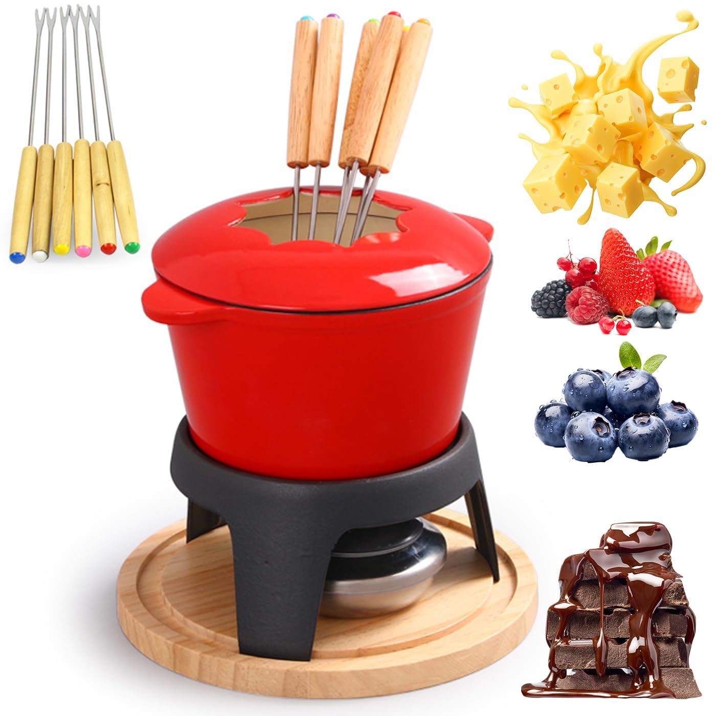 Fondue de Queso eléctrico y Chocolate con 6 Horquillas | Bote Antiadherente, Tablero de Servicio y fácil Limpieza | Fabricante de Fondue Familiar para Fiestas, inmersión, niños