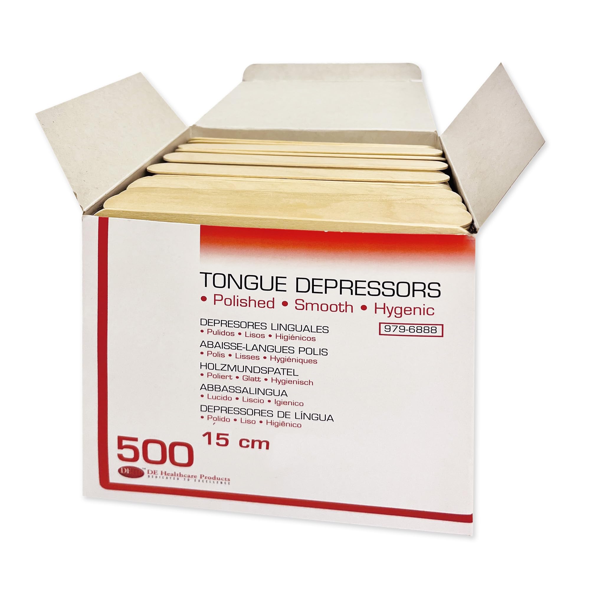 DE Healthcare Products – 500 Stück Mundspatel (15 cm x 1,7cm), unsteril, Holzspatel für Erwachsene und Kinder, vielseitig verwendbar, braun