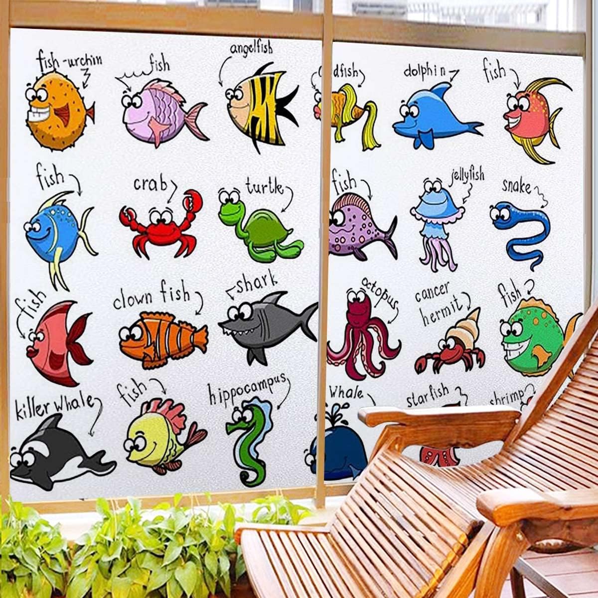 White Multicolor Window Privacy Film, Stained Window Decals, Static Window Cling, Decorative Glass Sticker, Self-Adhesive Reusable Removable, Cartoon Fish Swimming Sea Animal 35.4Wx63L-inch x2 Pcs