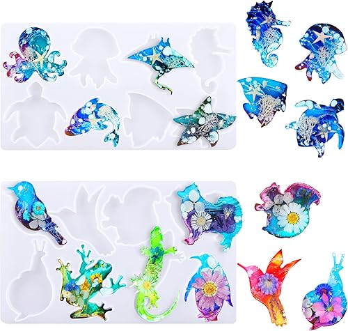 2 juegos de moldes de resina de silicona animal llavero moldes con 16 tipos de animales marinos colgantes DIY adornos decoración regalo