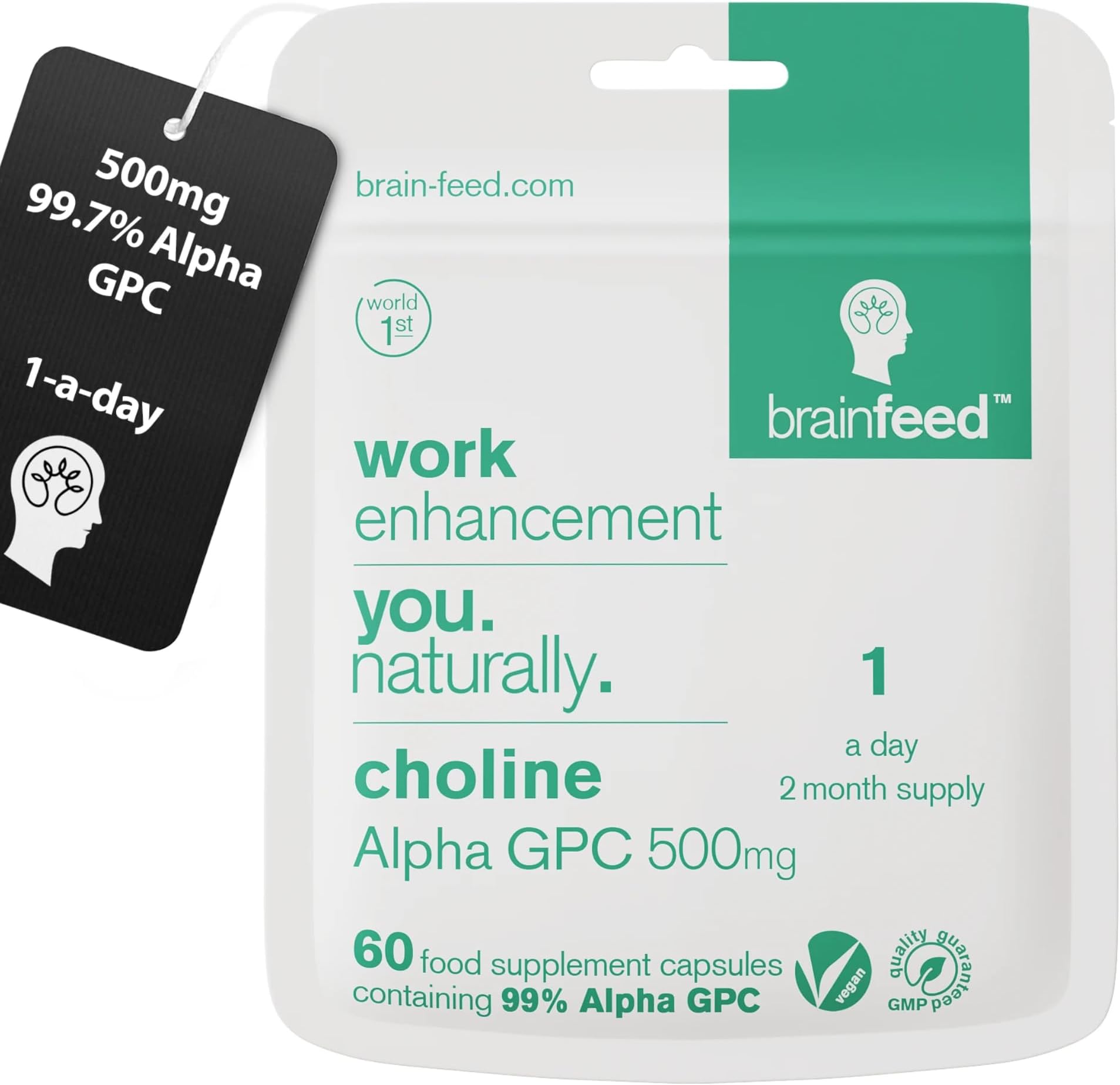 Alpha GPC Capsules (60) | 1-a-Day | 99.7%* Alpha-GPC Choline Supplement | 500mg | Nootropic Alpha Brain Support | Acetylcholine Supplement