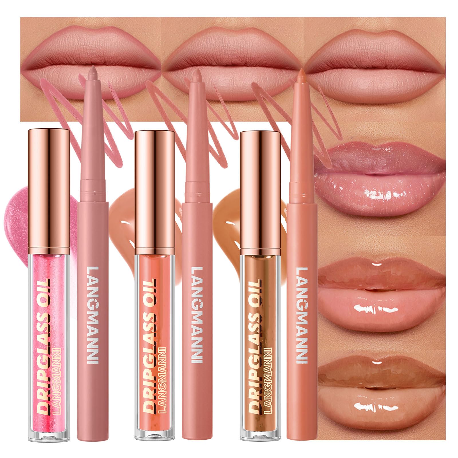 6Pcs Lip Liner and Gloss Set, Plumping Hydrating Lip Oil Combo (Set A)