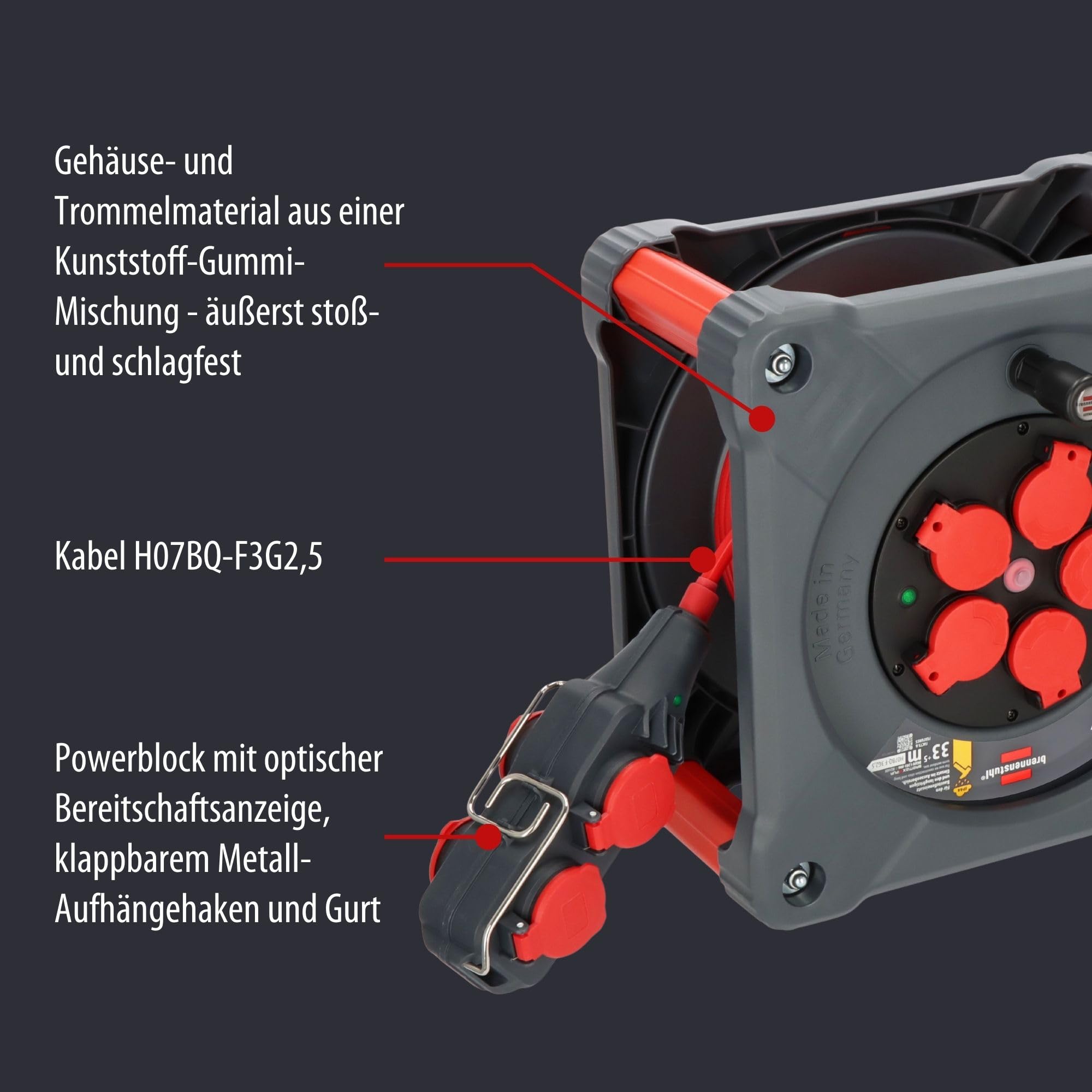Brennenstuhl Carrete de cable profesional para construcción con Powerblock KC 3210 5 (33+5m, cable H07BQ-F3G2,5 en rojo, 5 enchufes, exterior permanente, Made in Germany)