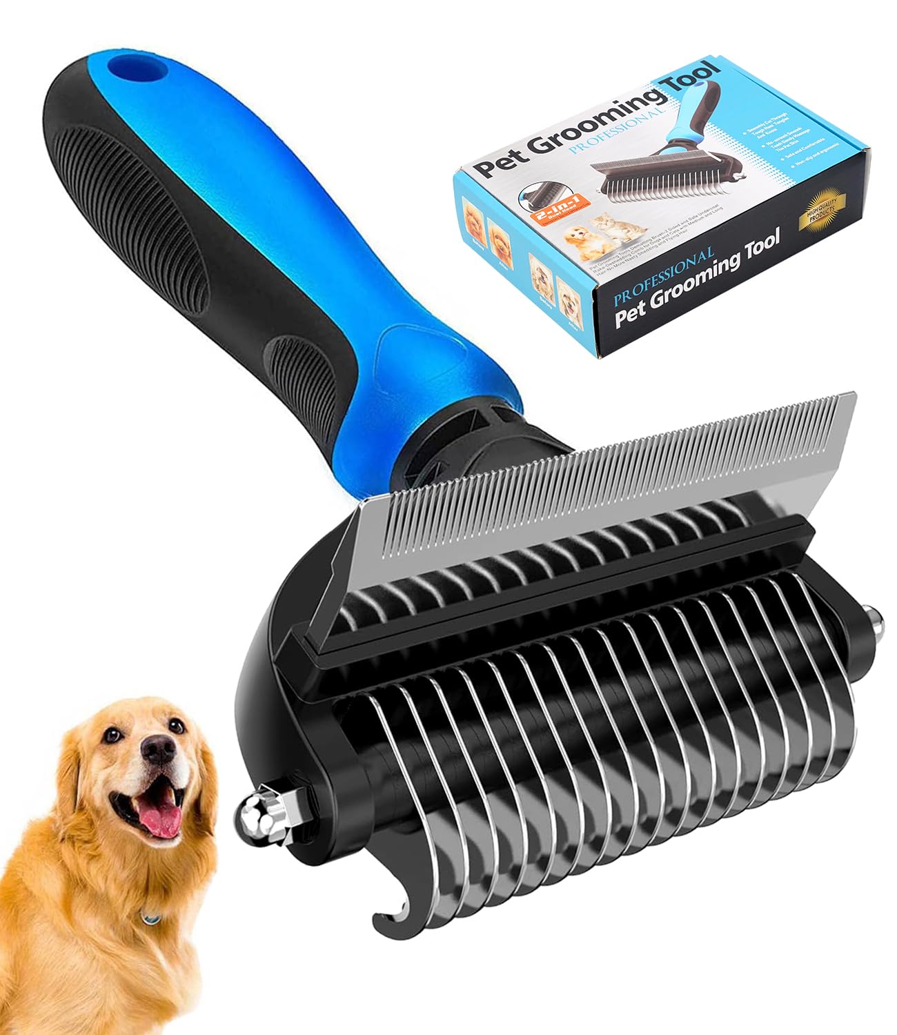 Undercoat Rake For Dogs,Dog Deshedding Brush For Large Dogs 2 In 1 Dematting Comb & Deshedding Tool For Long Hair Cats Pet Hair Grooming Brush,Clear Mats And Tangles,Reduces Shedding By 95%