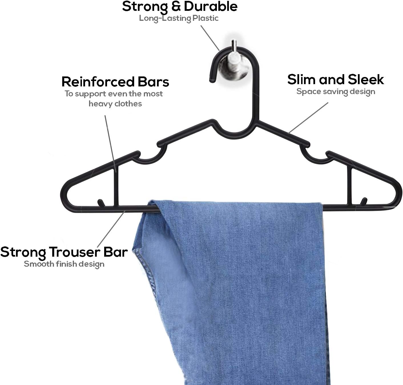 Nyxi 25 X Adult Plastic Clothes Hangers 40cm Heavy Duty Coat Hangers with Trouser Bar and Notches - Image 4