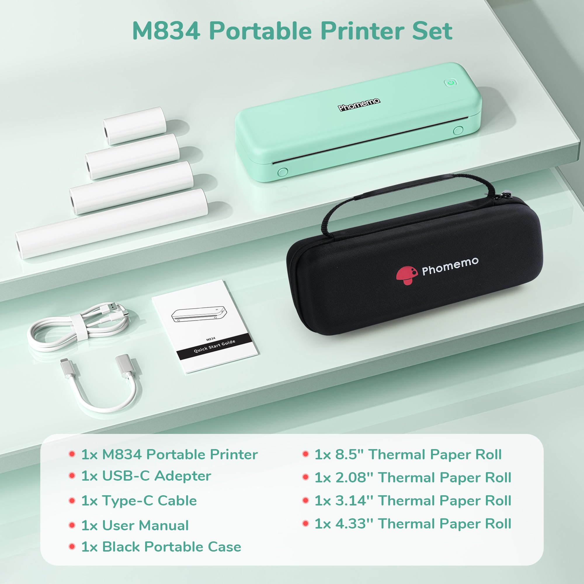 Phomemo M834 Stampante Portatile A4, Stampante Termica Portatile, Connessione Bluetooth e USB, Supporta Carta Termica A4, Con Custodia per il Trasporto e 4 Rotoli di Carta Termica, Verde