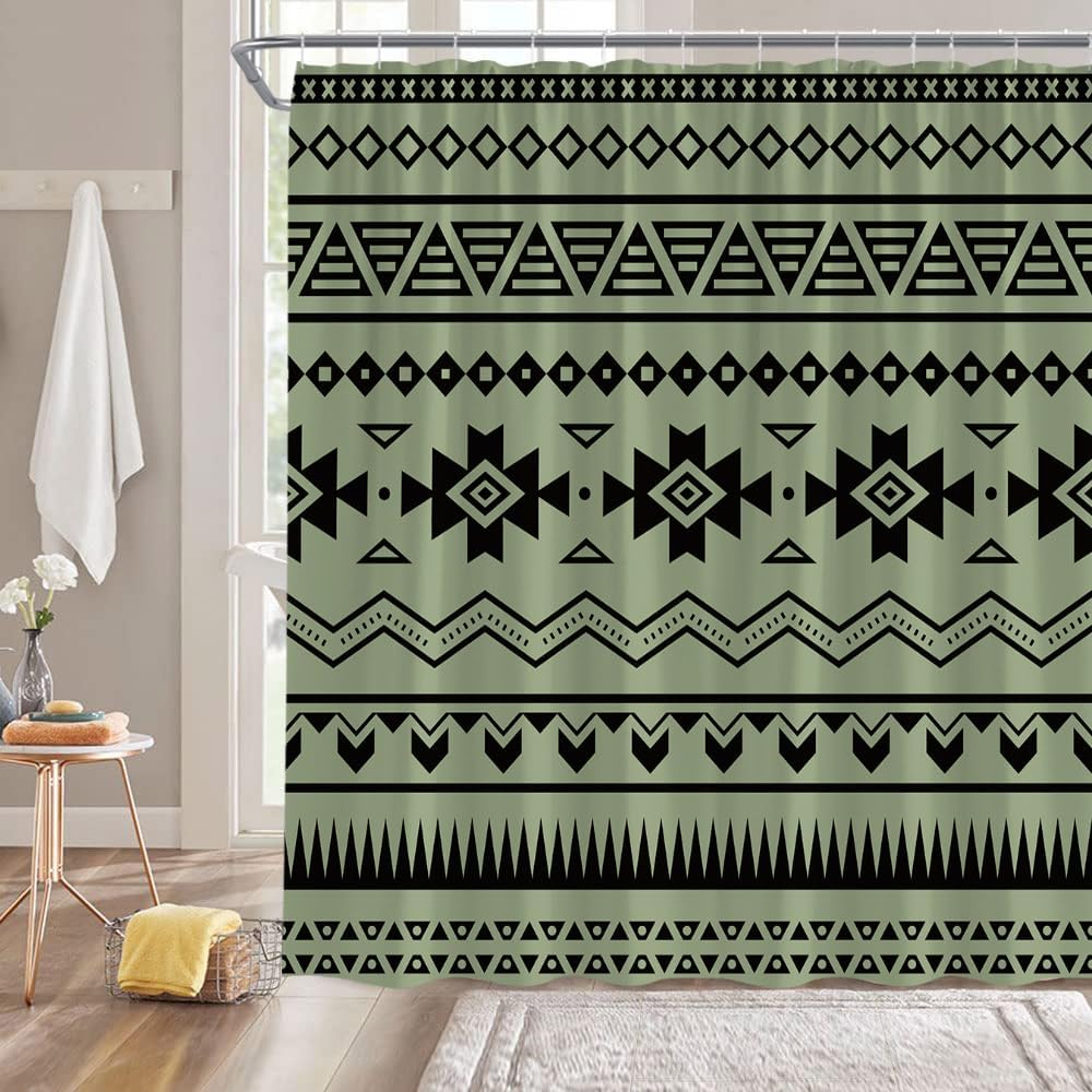 Boho Geometric Shower Curtain Sage Green Black Aztec Modern Farmhouse Tribal Retro Western Abstract Mid Century Fabric Bathroom Decor Curtain with Hooks