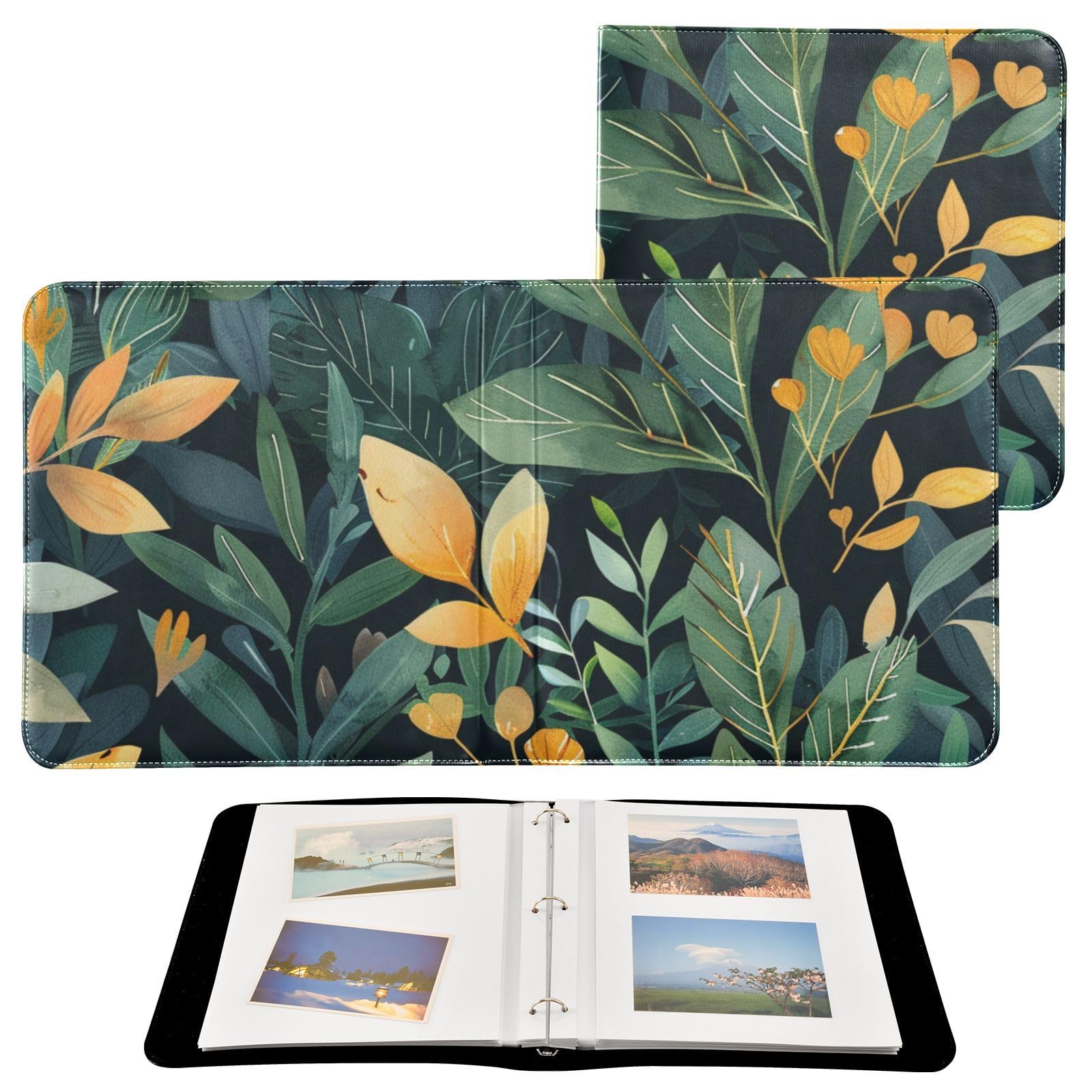 JIPONI Tropical Plant Leaves Large Photo Album, DIY Leather Cover Scrapbook Albums for 4x6 5x7 6x8 Pictures, Self Adhesive Memory Book for Wedding, Baby, Family