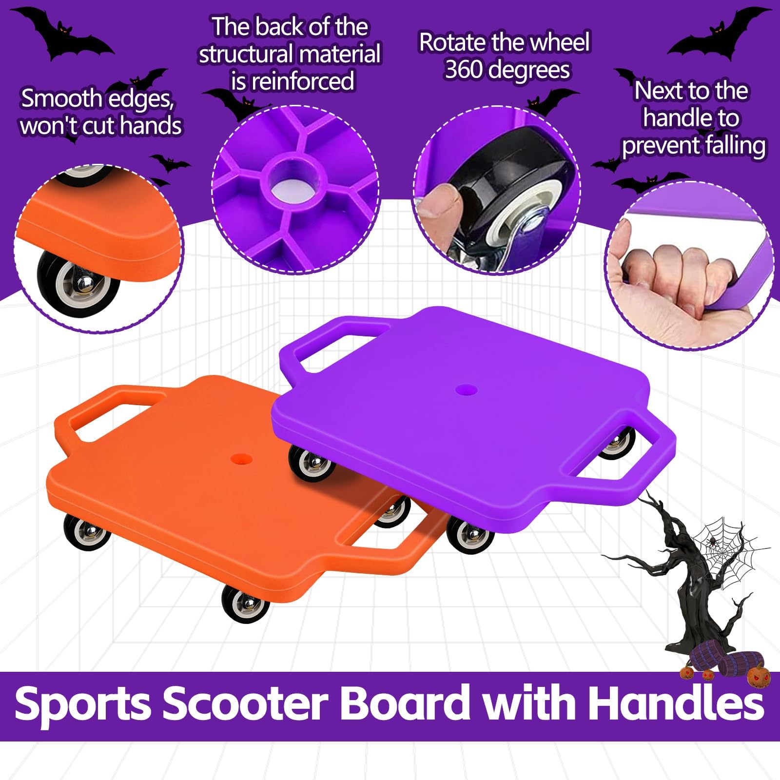 2 patinetes deportivos con asas de colores para sentarse, con ruedas de plástico para niños, gimnasio, actividades en interiores y exteriores, equipo de juego (naranja, morado) 4