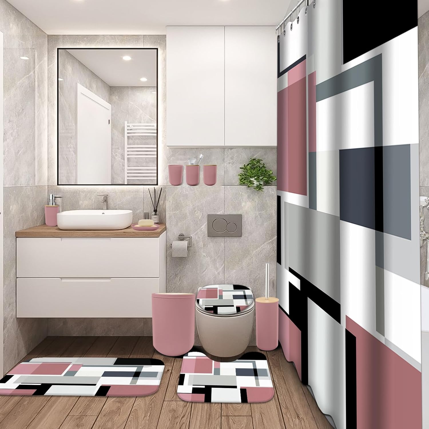 Pink Bathroom Sets with Shower Curtain and Rugs, Bathroom Accessory Set with Shower Curtain,Bath Rugs, Trash Can, Toilet Brush Holder Set & Soap Dispenser