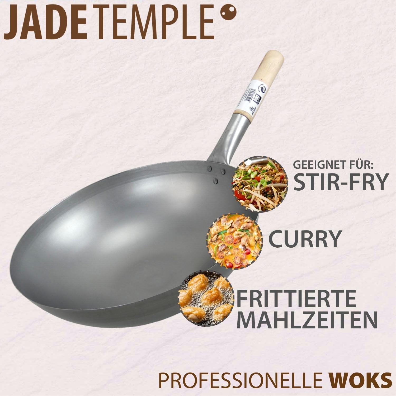 JADE TEMPLE Wok aus Carbonstahl, mit rundem Boden und 33 cm Durchmesser, mit rundem Holzgriff, 56 x 35 x 25.5 cm, Grau – Ansicht 5