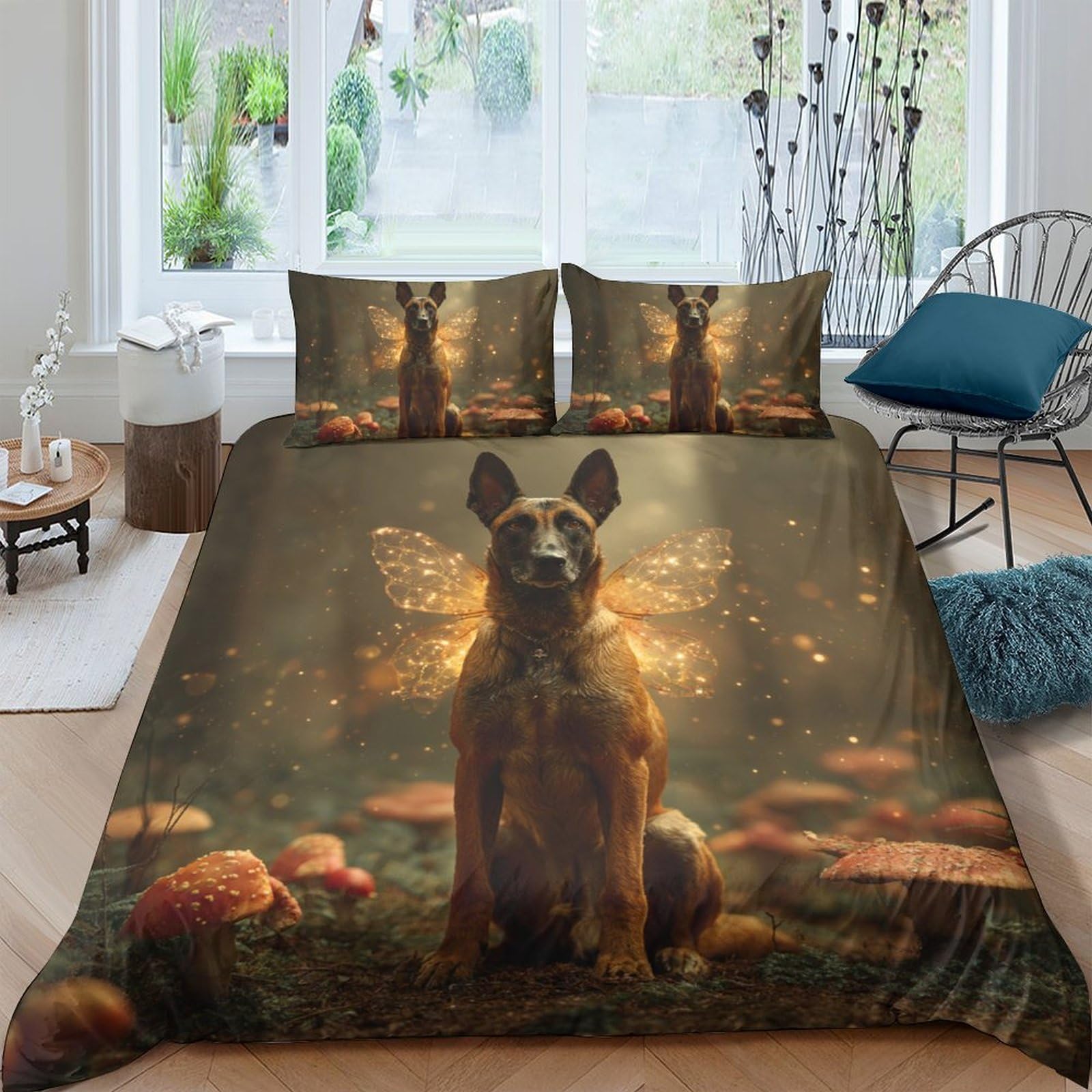 Ctjqhvkz Style-10 3D Printed Forest Fairy Dog Fitted Sheet Microfiber Soft Anti-Slip Woodland Mushroom Mattress Cover For Bedroom Home Decor Single（135X200cm）