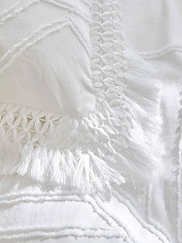 Miniatura 3 de Nanko Juego de edredón de tamaño Queen, color blanco, con borlas, estilo bohemio, geométrico, desgastado y elegante, de microfibra suave,