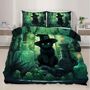 Black Cat Queen Duvet Cover Set Magic Black Cat Bedding Set, Magic Wizard Hat Comforter Cover for Kids Boy Women Teen Girl, Bedroom Decor 3 Piece