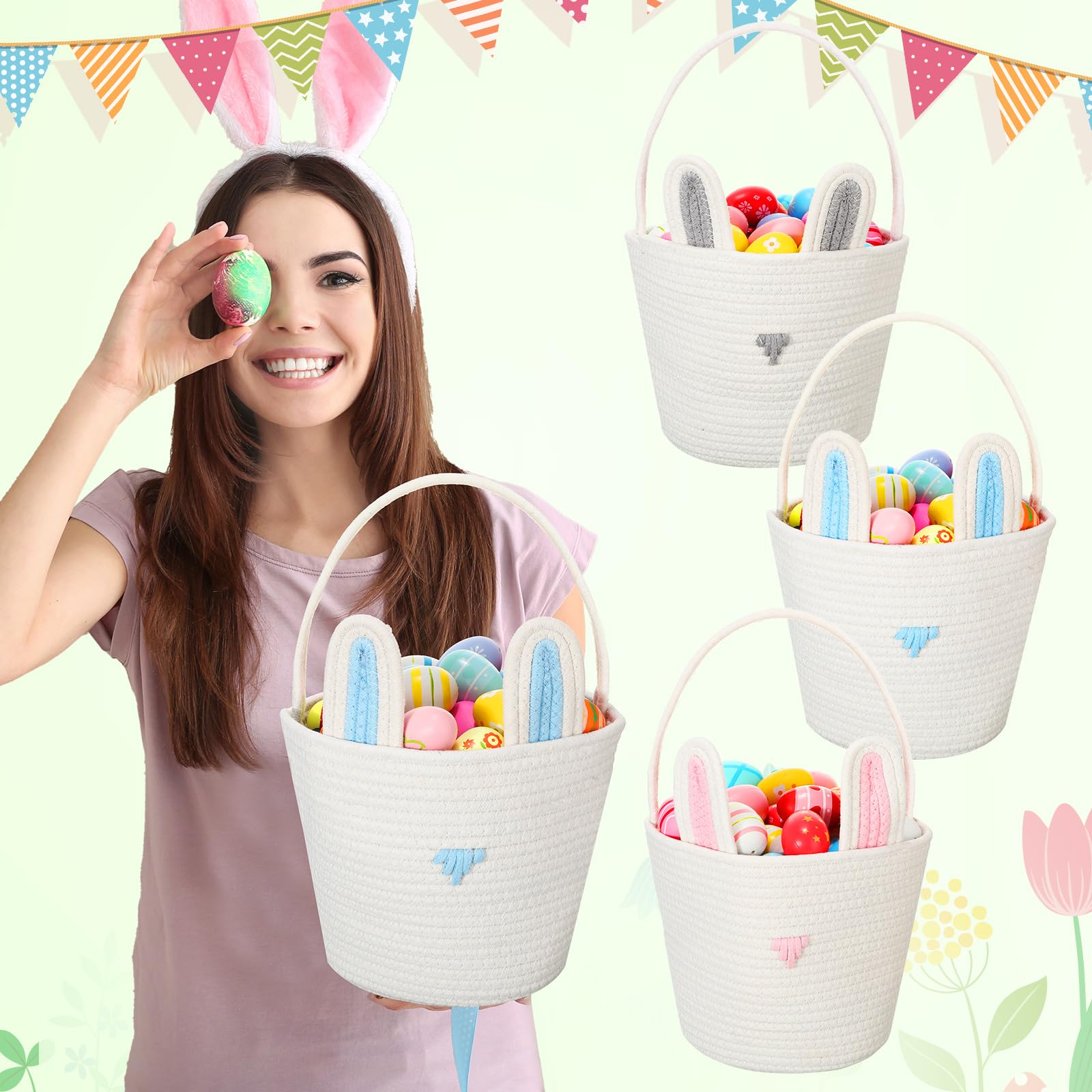Beeveer Osterhasenkörbe mit Hasenohren, Spielzeugkörbe, gewebtes Baumwollseil, Aufbewahrungskorb für Geschenk, Spielzeug, Jungen, Mädchen, 3 Stück (mehrfarbig)