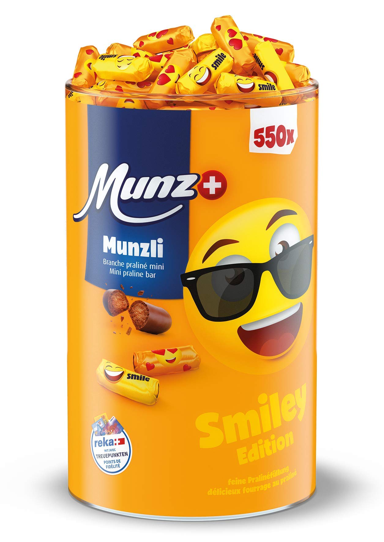 Munz Schweizer Munzli Mini-Praliné | Smiley-Edition | 500 Stück - 2,5kg | Mini Schokoladenriegel, perfekte Kaffeebeilage auf der Untertass, perfekt für Kinder, mit gerösteten Haselnuss-Splittern