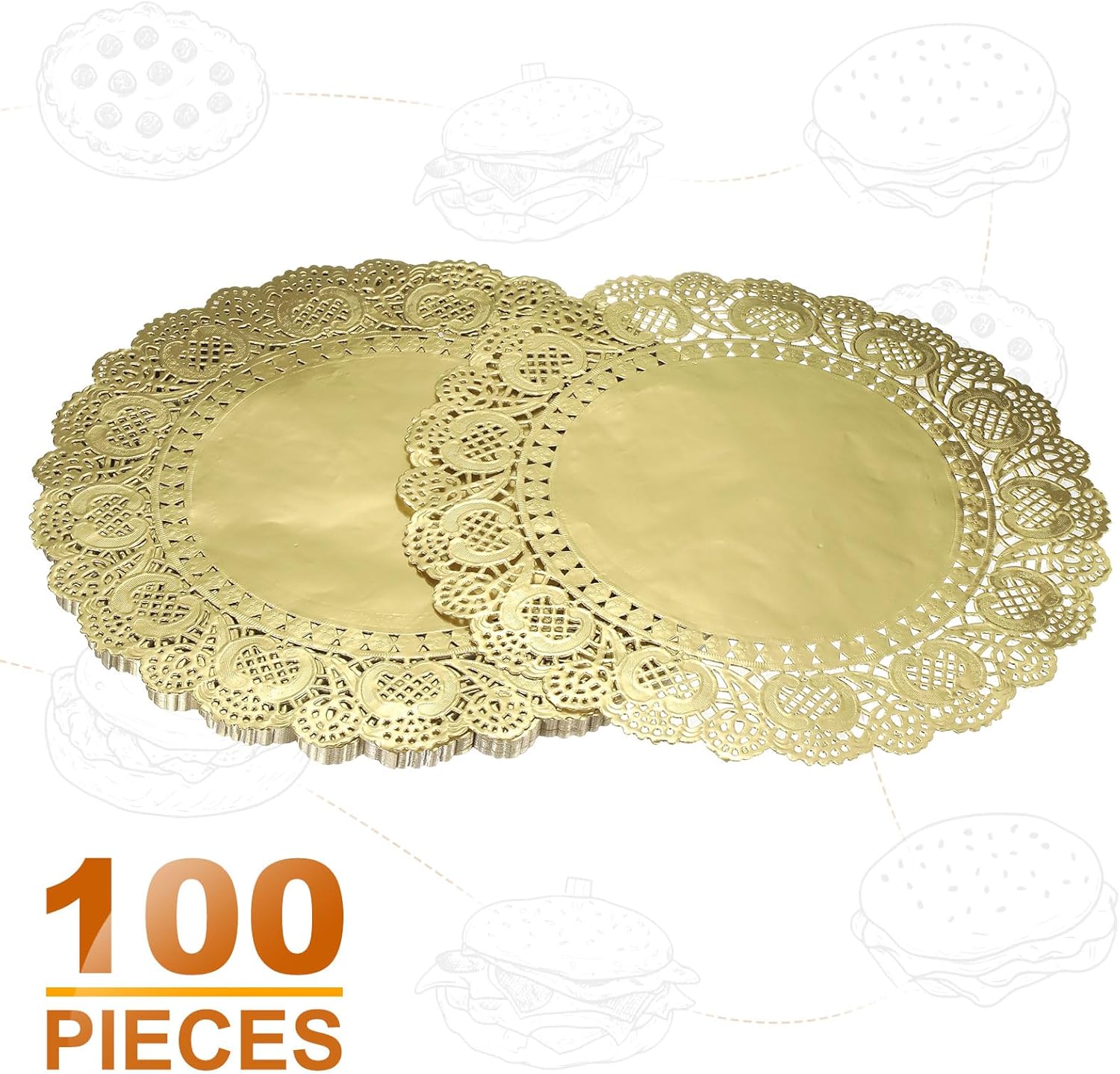 HARFINGTON 100pcs Lace Paper Doilies 12 Inch Gold Round Disposable Decorative Paper Placemats Hollow Flower Absorbing Papers for Cakes Desserts Food Decoration Wedding Birthday
