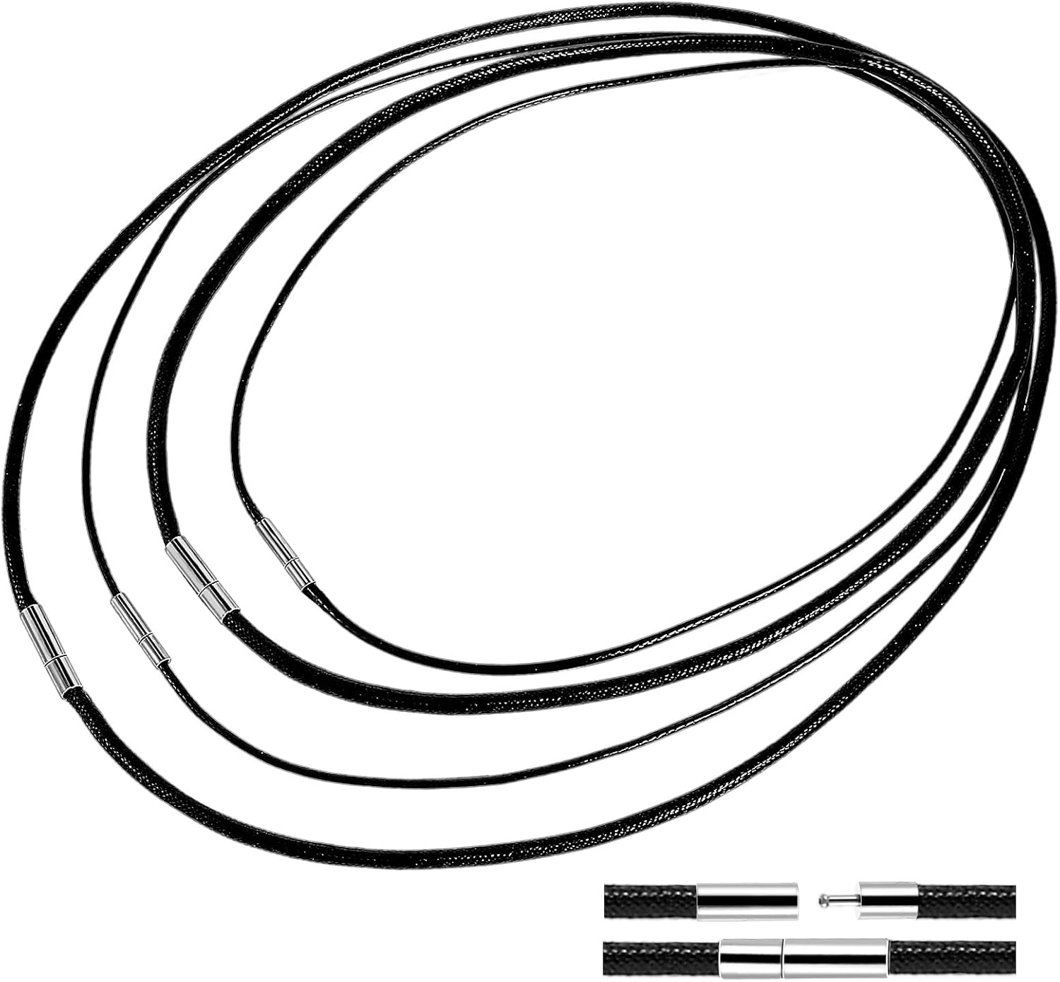 Black Fake Leathers Cords, 4pcs 16”18" 20" 22" Waterproof Cord Necklace with Clasp, 1.5/3mm Width, DIY Woven Wax Rope Chain for Pendant, Beading Cords and Threads for DIY Jewelry Making