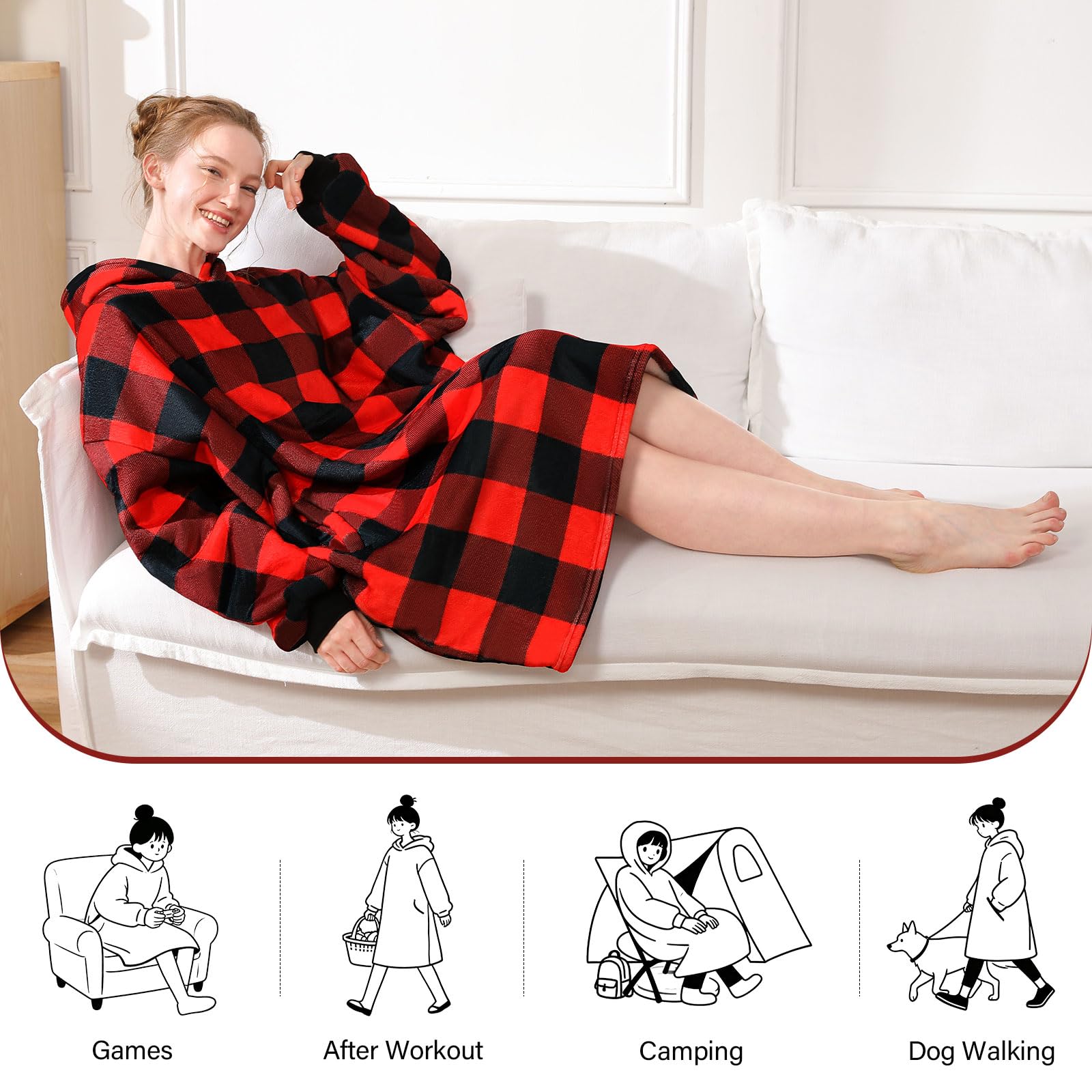 LetsFunny Sudadera con capucha de gran tamaño, súper suave, cálida, cómoda, con bolsillo gigante, para adultos, hombres, mujeres, adolescentes, niños, talla única (cuadros rojos, adultos)