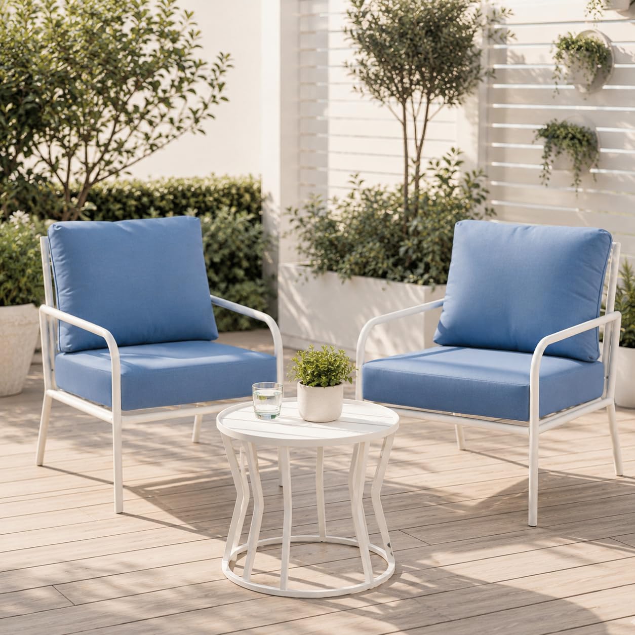 Emirates Living 3 Piece Outdoor Bistro Set with Blue Cushions – Metal Garden Furniture Set with 2 Patio Lounge Chairs & Round Coffee Table for Balcony, Terrace, Conservatory & Garden