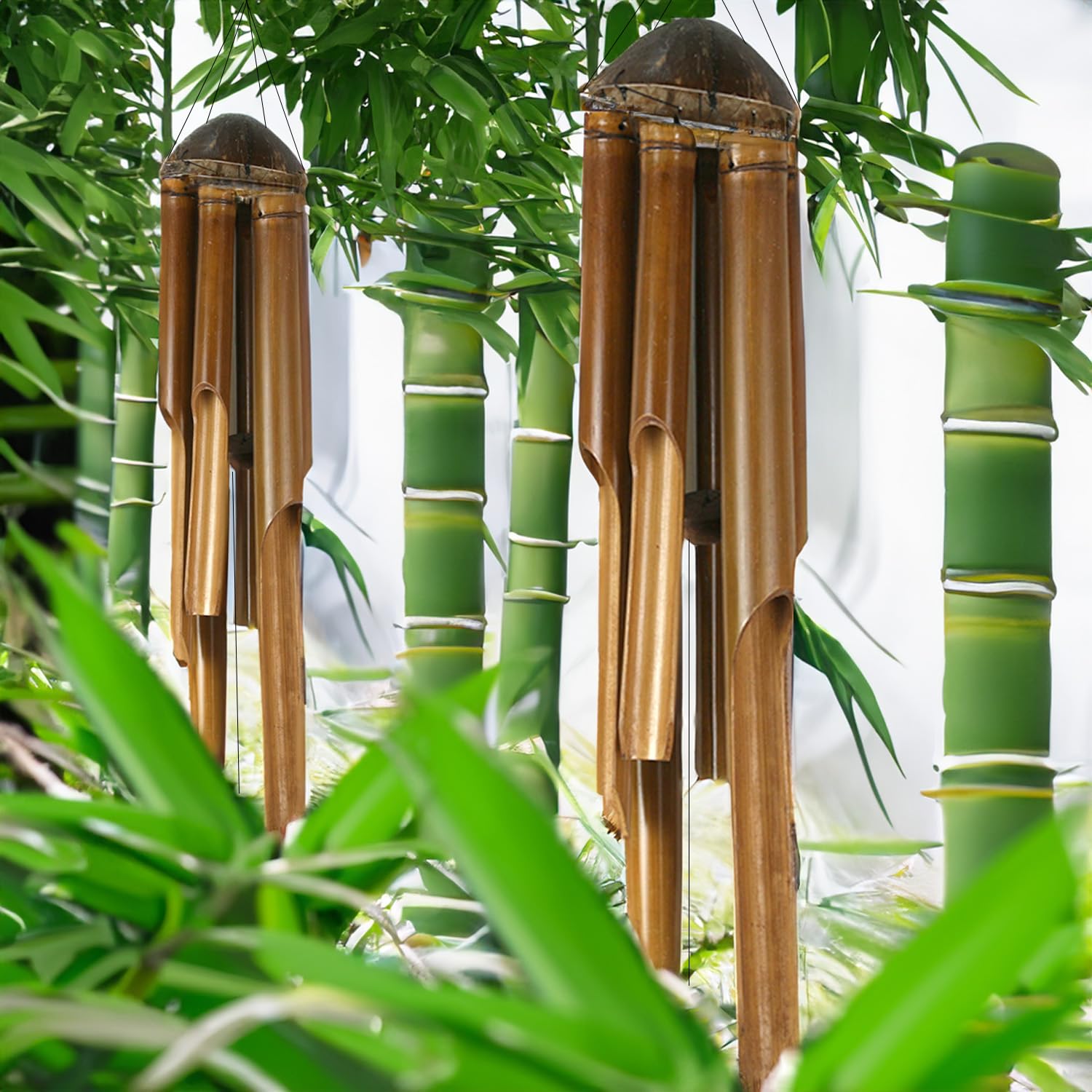 Bambus Windspiel Set 90 + 100 cm aus Bali | 2 handgefertigte Klangspiele aus Naturbambus & Kokosnuss | Wetterfeste hängende Windspiele für draußen, Garten, Balkon & Terrasse