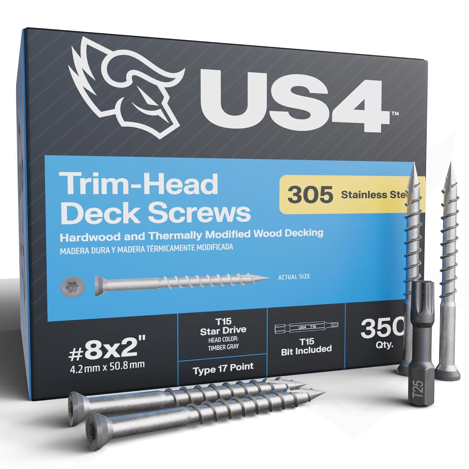 US4 - #8 x 2 - Timber Gray Wood Screws | 305 Stainless Steel | Trim Head T15 Star Drive | Rust & Corrosion-Resistant | Outdoor Decking Screws (350, #8 x 2 Inches)