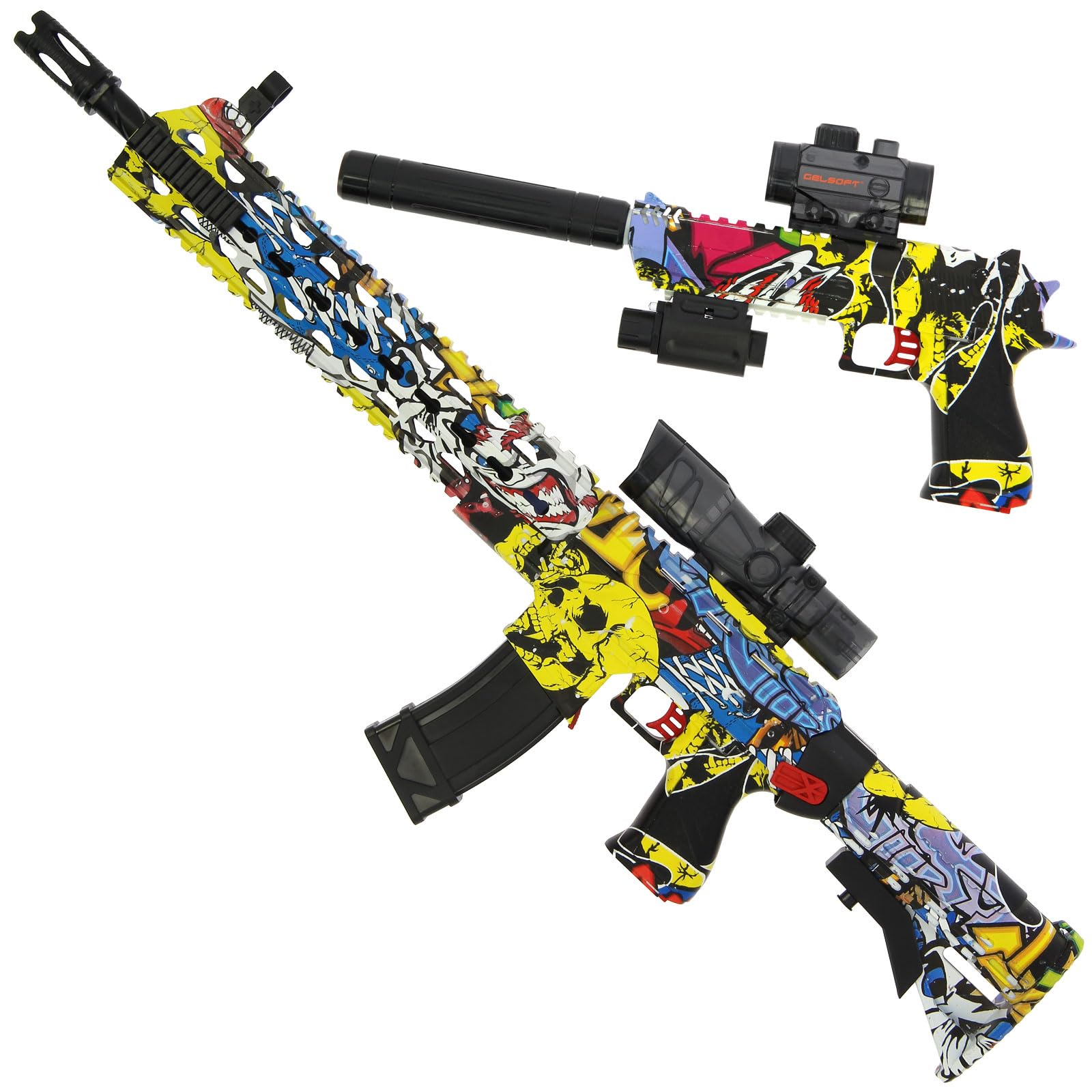 2 in 1 Pistol Rifle Gel Ball Blaster Set Fully Automatic GELSOFT DUAL Toy Shooting Fun Sports (Yellow Graffiti)