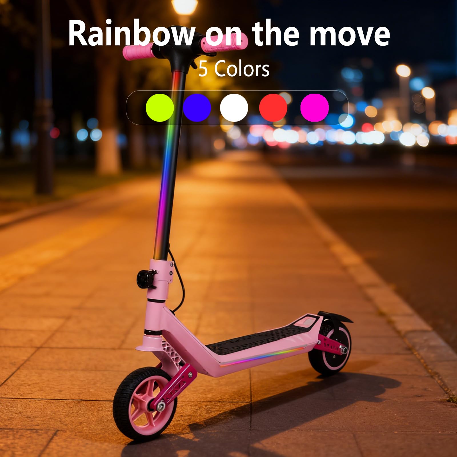 Monopattino elettrico elettrico per bambini, doppia sospensione con luci arcobaleno colorate e indicatore LED, portata 12 km, regalo per ragazzi e ragazze dai 6 anni in su (rosa)