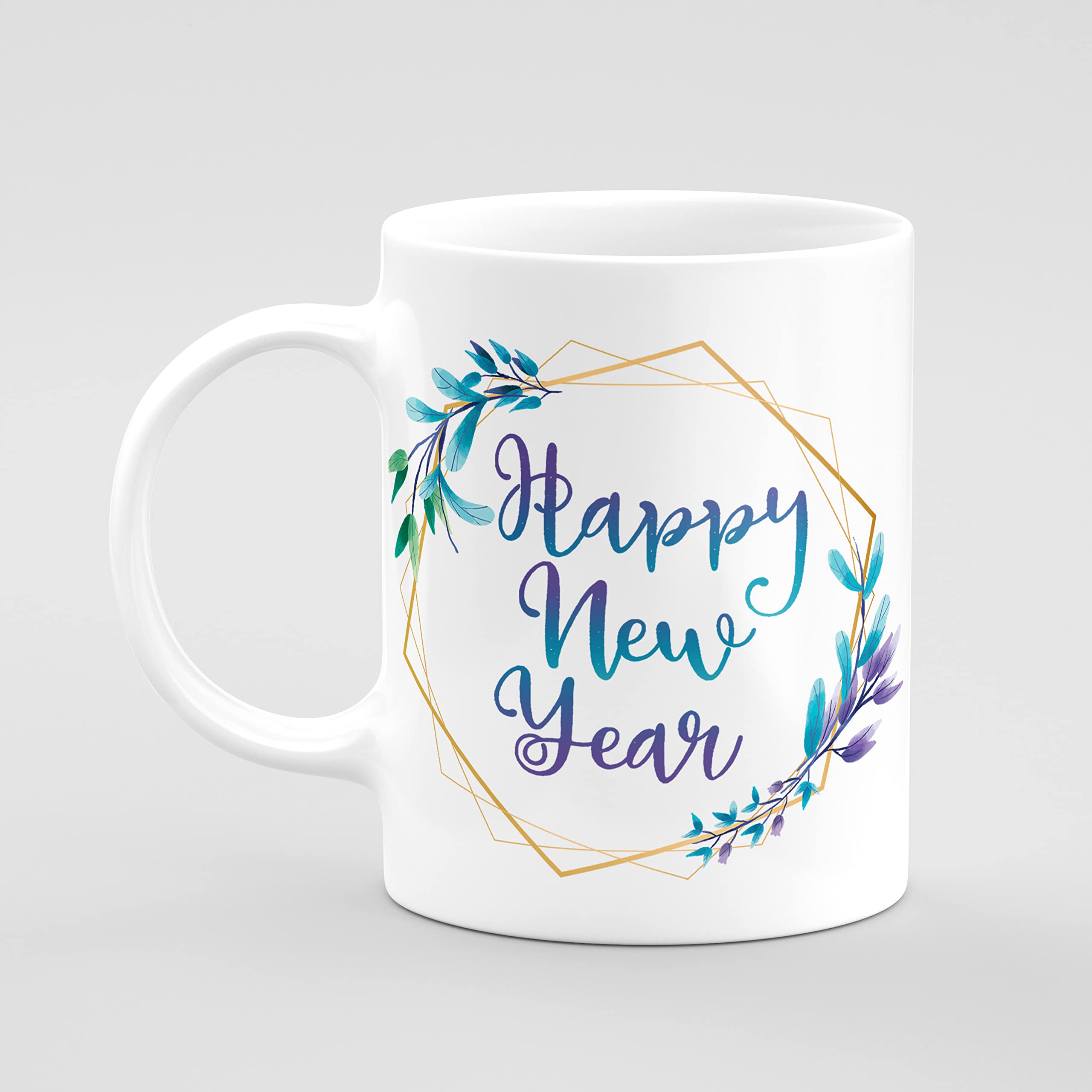 CERAWAX Happy New Year Hexagon Feather Frame Calligraphy Printed White Ceramic Tea Coffee Mug, Best Gift Item for Happy New Year Celebration and Party for Friends, Family, 325ml