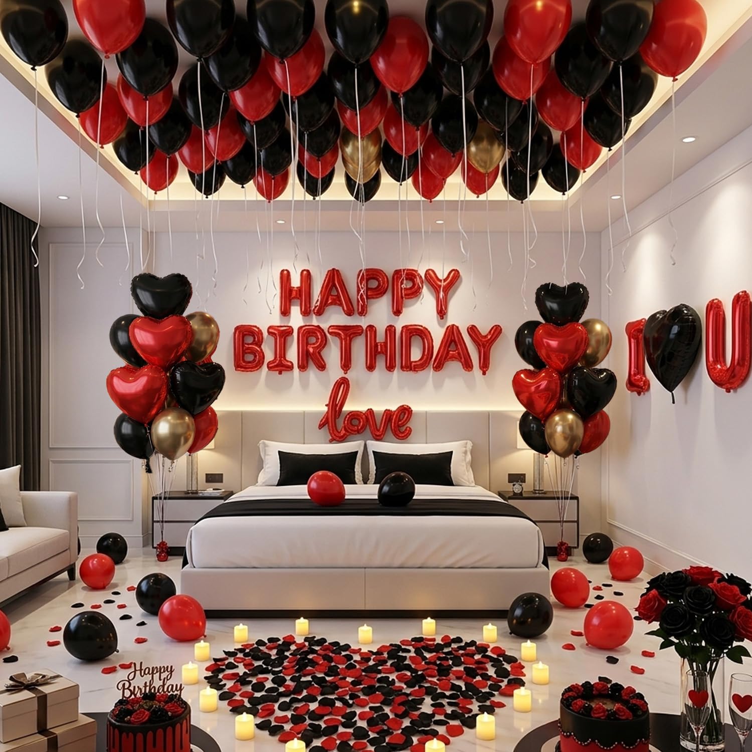 Décoration d'anniversaire rouge et noir, ballon d'amour, décorations romantiques de chambre d'hôtel, décorations d'anniversaire pour lui, elle, décoration d'anniversaire de mariage, Saint-Valentin