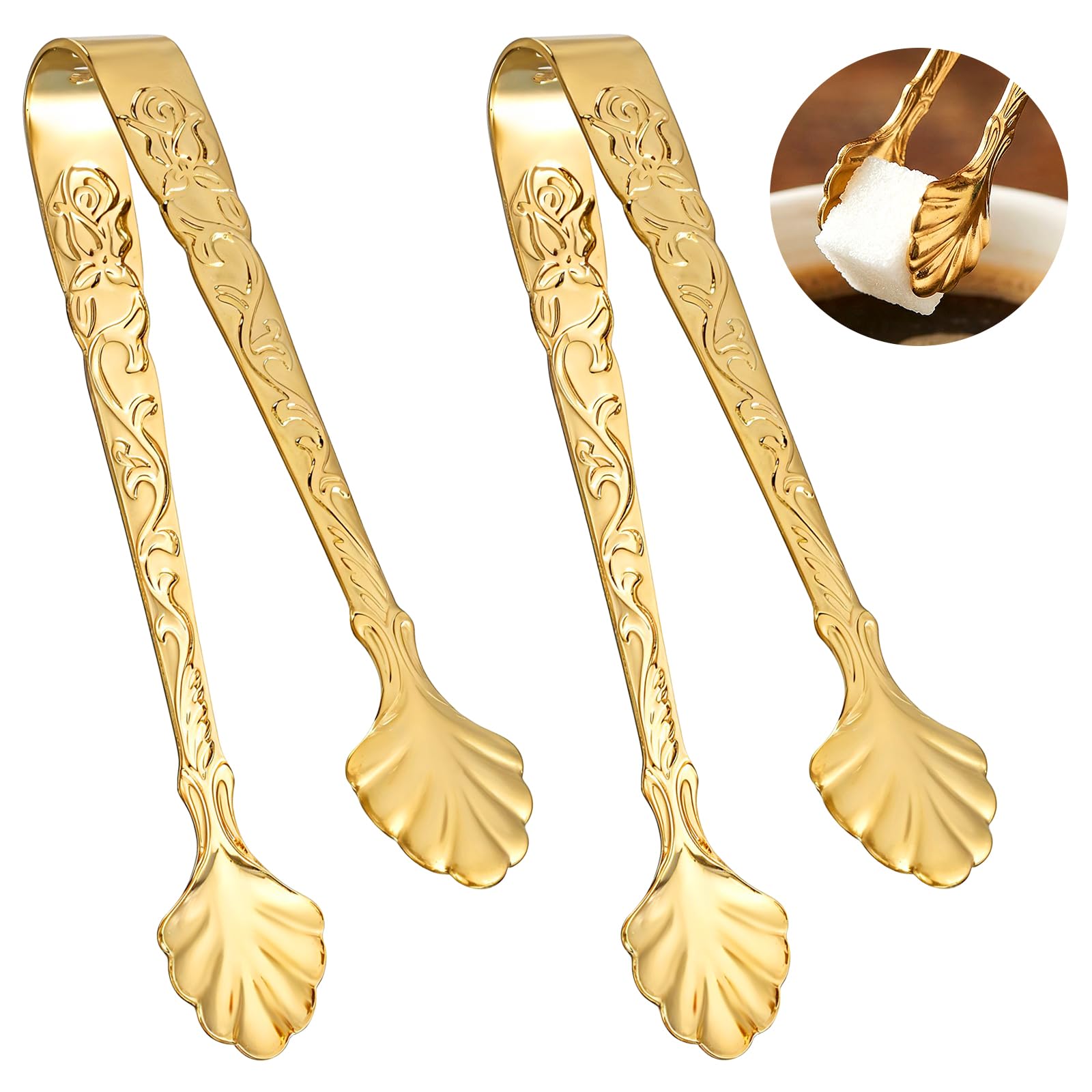Classicseali 2Pcs Sugar Tongs, Gold Figure Sugar Cube Tongs, 3.74 Inch Ice Tong for Large Ice Cubes, for Bar, Desserts, Tea, Coffee Party and Appetizers