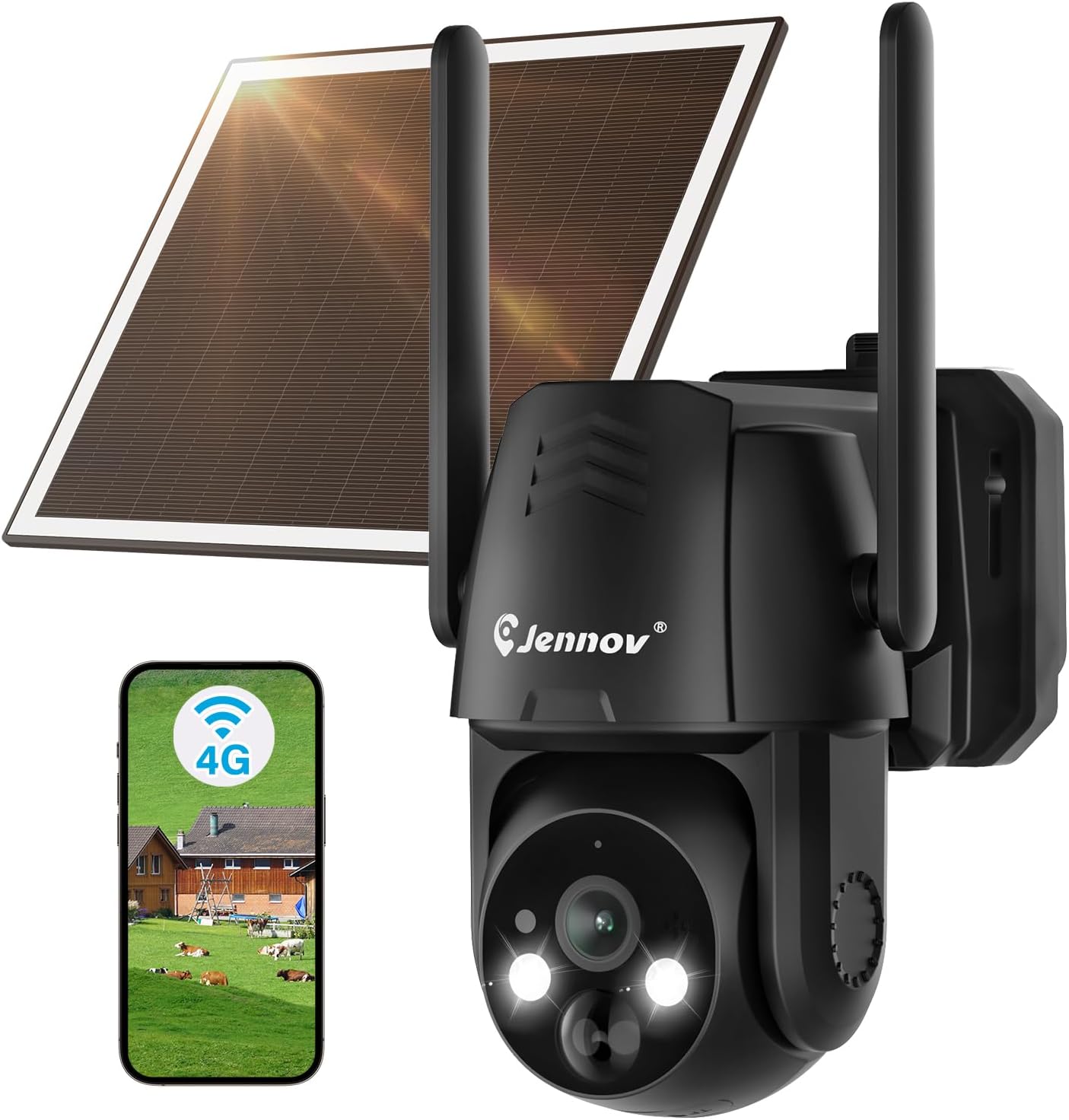 Jennov 4G LTE Cellular Wireless Solar Security Cameras Outdoor, 2K No WiFi Camera Home Security with Color Night Vision/PIR Human Body Sensing/AI Human Detection for jobsite barns Farms Garage& RV