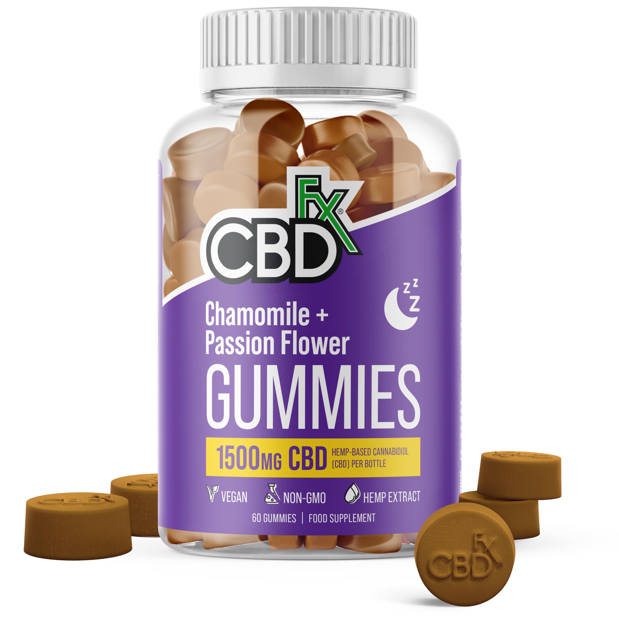 CBDfx 1500mg High Strength Vegan Sleep CBD Gummies, 10mg Each of Chamomile, Passionflower and Lemon Balm /25mg CBD per Gummy 60x Bottle (30 Days)