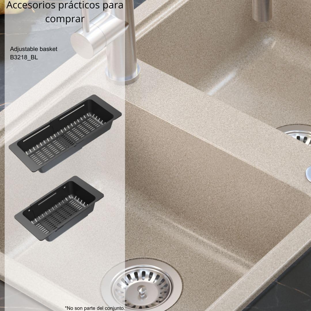 QUADRON NEAL 121 Fregadero de granito para cocina, tamaño: 116 x 50 x 20,5 cm, color: beige, fregadero de cocina de un seno, fregadero de cocina de dos senos, fregadero de dos cámaras con sifón manual