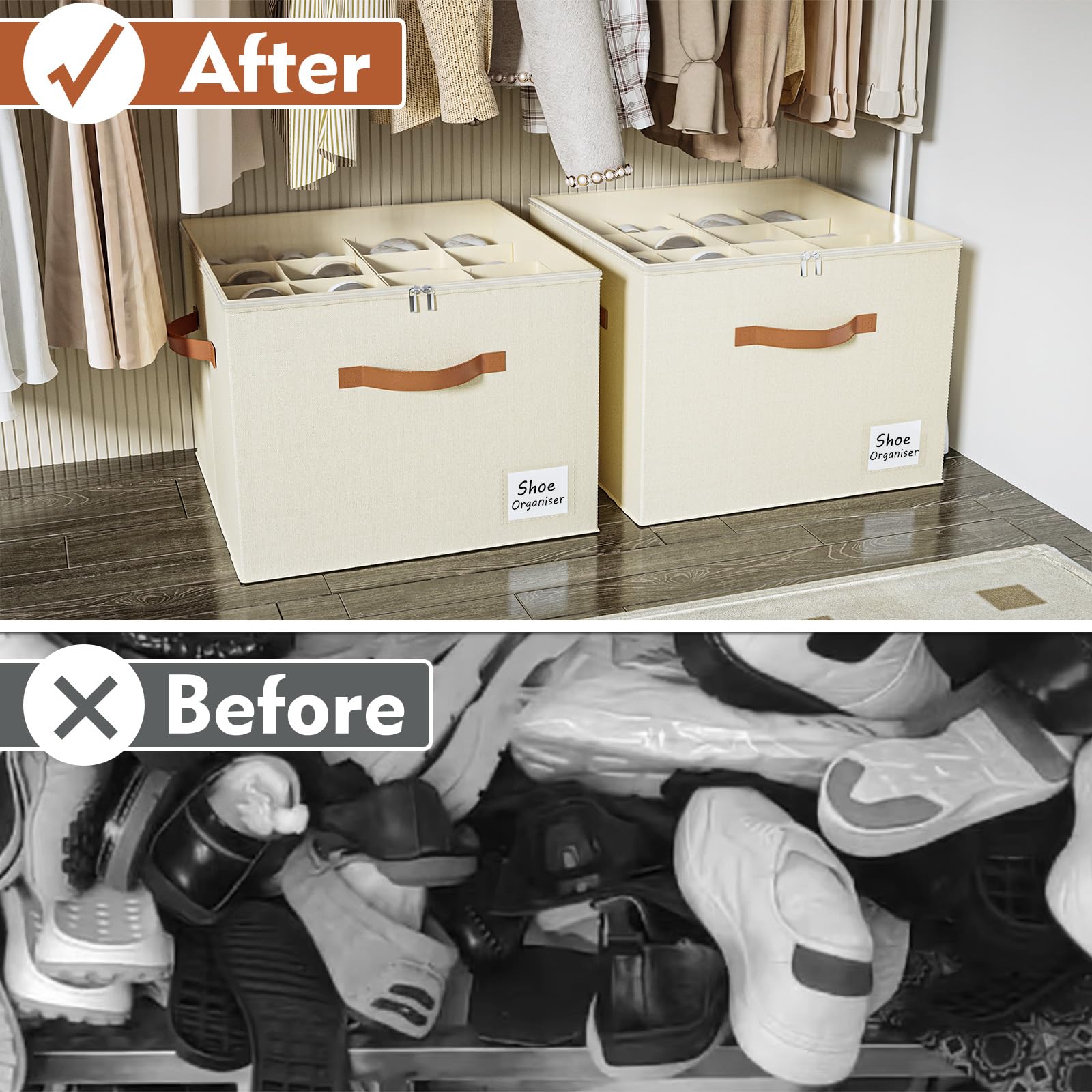 Storivo Shoe Organiser - Shoe Storage Organiser Box with Zipable Clear Cover, Adjustable Dividers Shoes Boxes Storage Fits16 Pairs - for Boots Heels Sneakers - white - 5