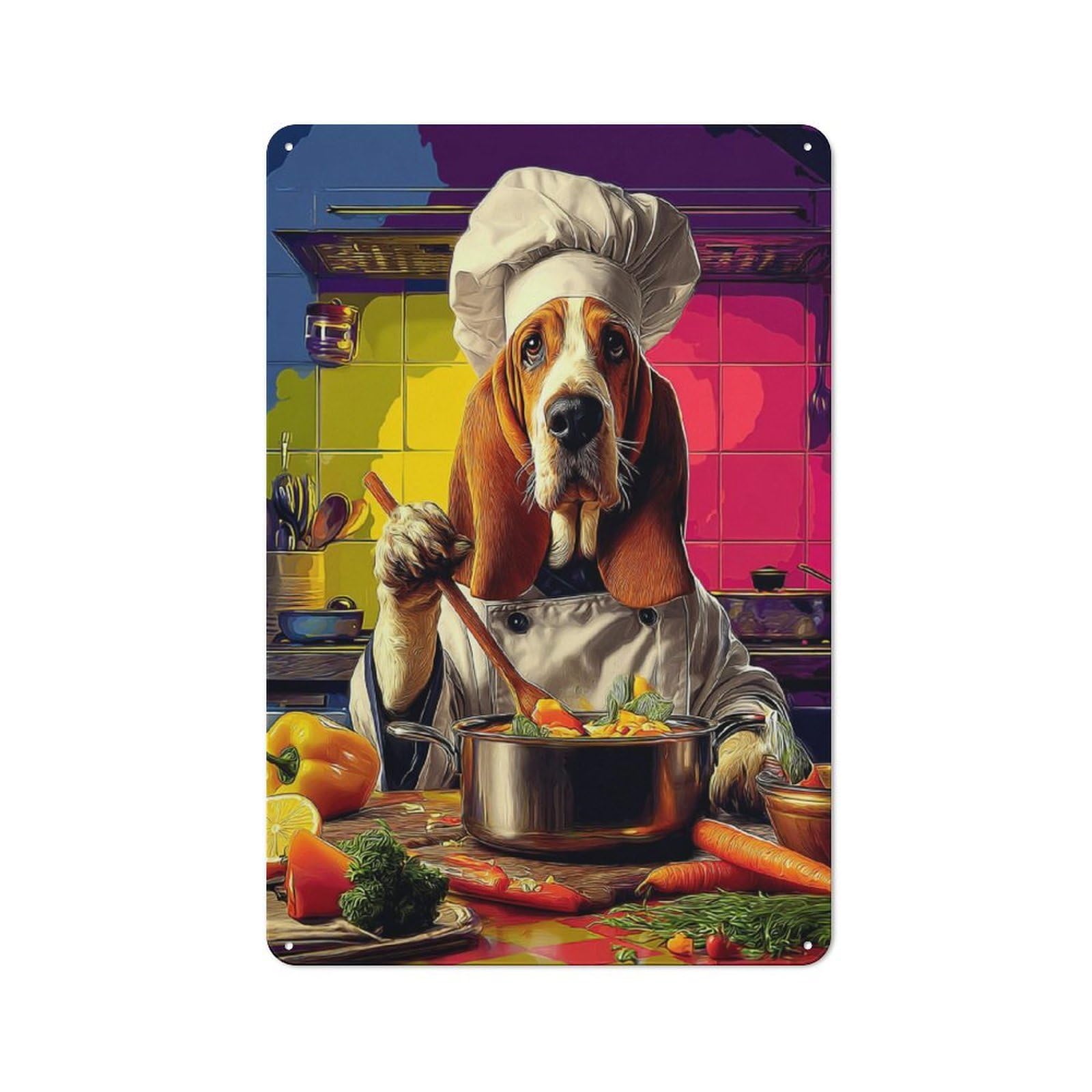 Junmoney Basset Hound Chef Cooking Up A Storm -1 Vintage Bistro Metal Sign 30X20cm, Bistro Wall Plaque For Takeaway, Bar, Kitchen Or Counter Area