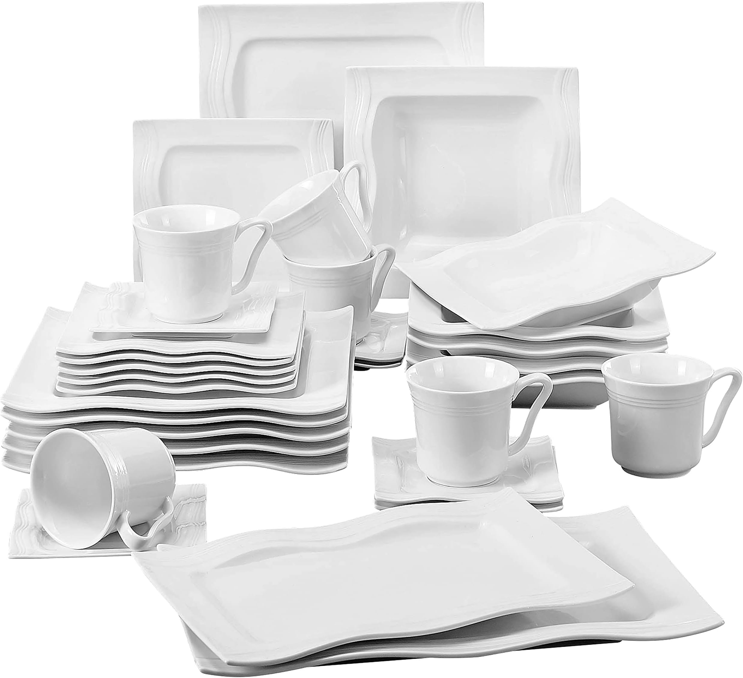 MALACASA Plates and Bowls Set, 32-Piece Square Porcelain Dinner Sets for 6 People White Dinnerware Sets with 6-Piece Dinner Plate/Soup Plate/Side Plate/Cup and Saucer/Serving Plate, Series Mario